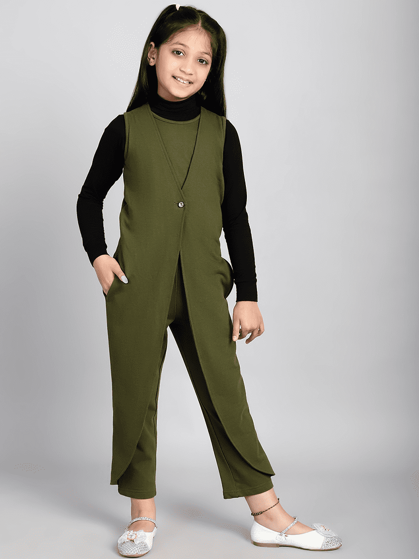 Baawri Girl Cotton Olive Color Ankle Length Jumpsuit