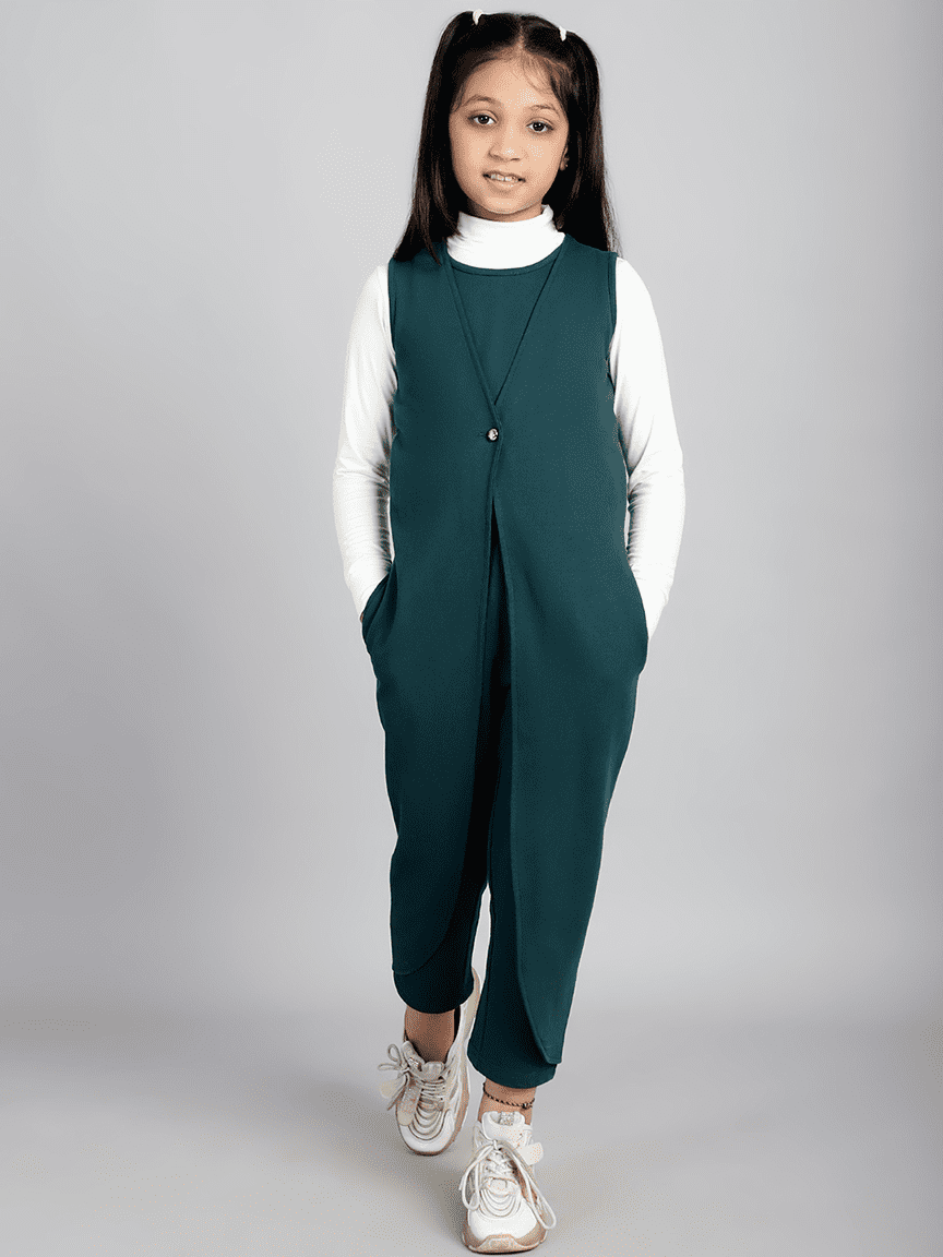 Baawri Girl Cotton Dark Cyan Color Ankle Length Jumpsuit