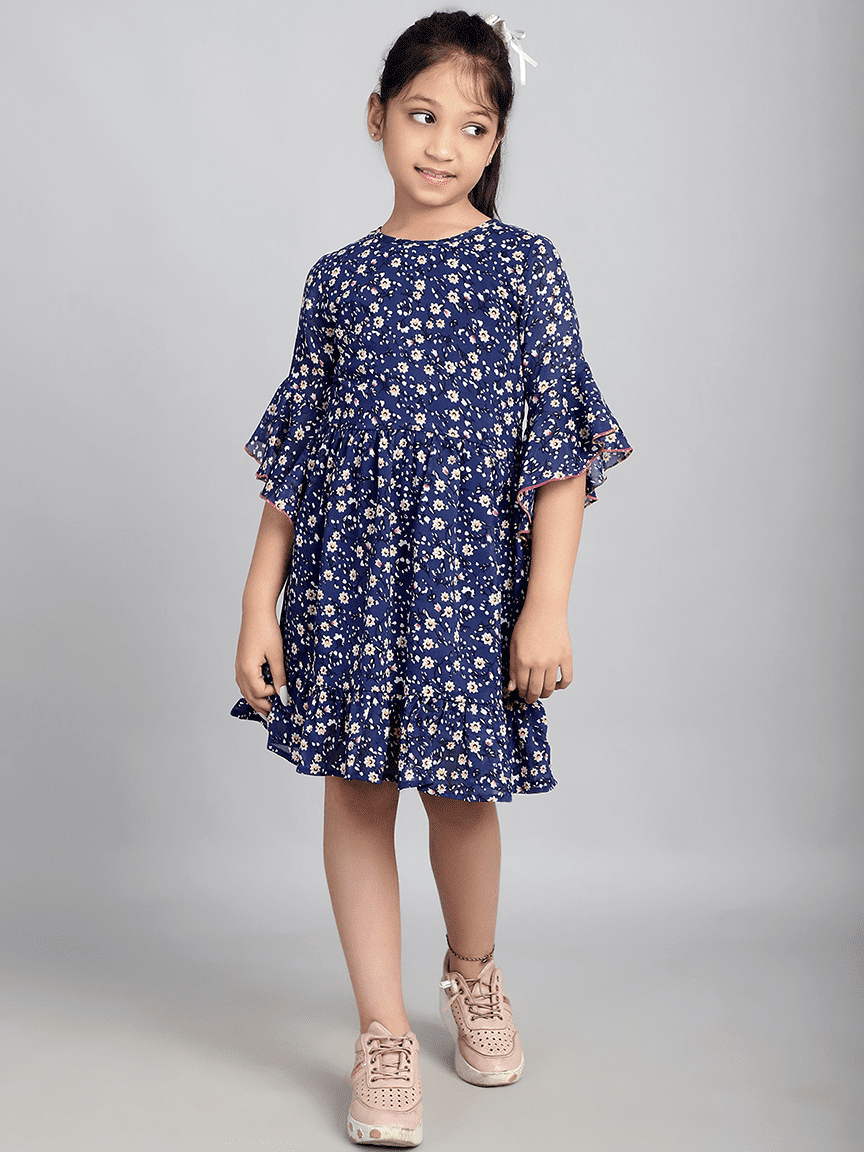 Baawri Girl Navy Blue Printed Color Georgette Knee Length Dress