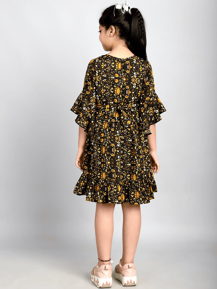 Alternative view of Baawri Girl Mustard Printed Color Crepe Knee Length Dress