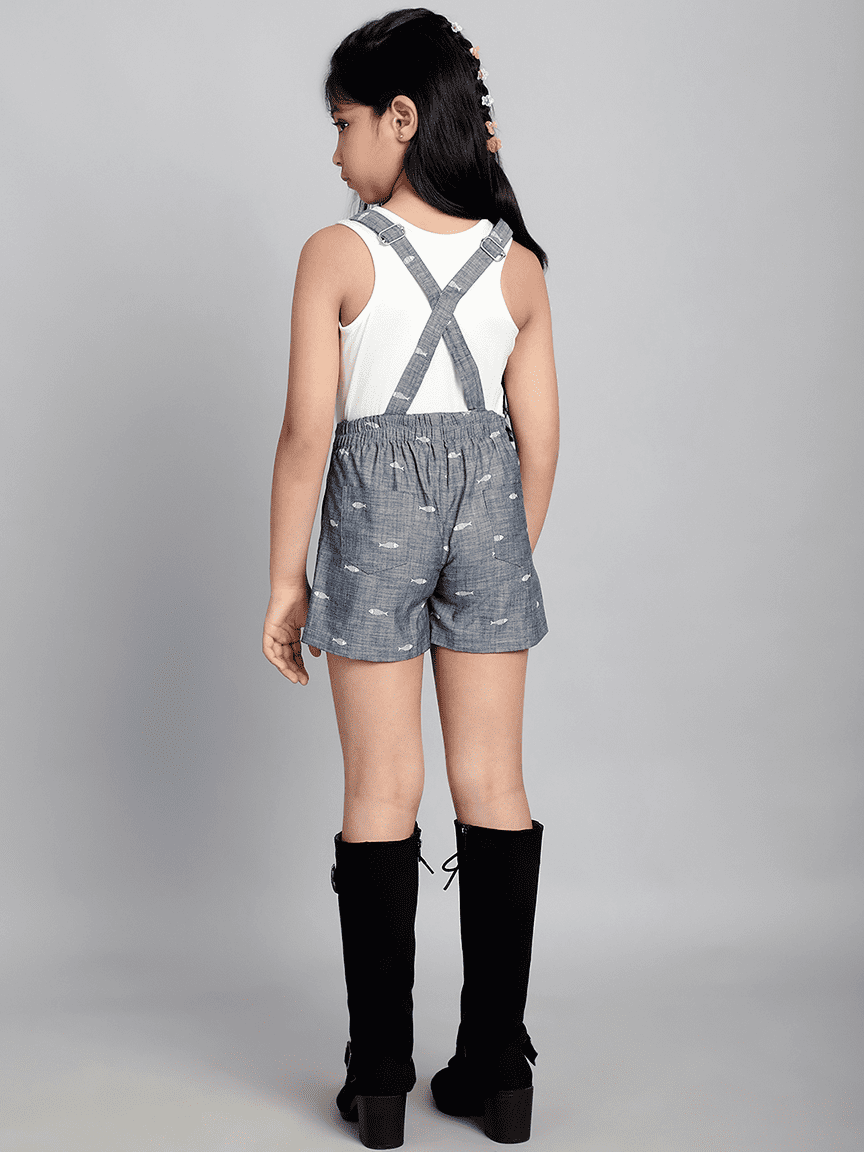 Alternative view of Baawri Girl Denim Fish Print Dungaree and Tee 2 pcs Set