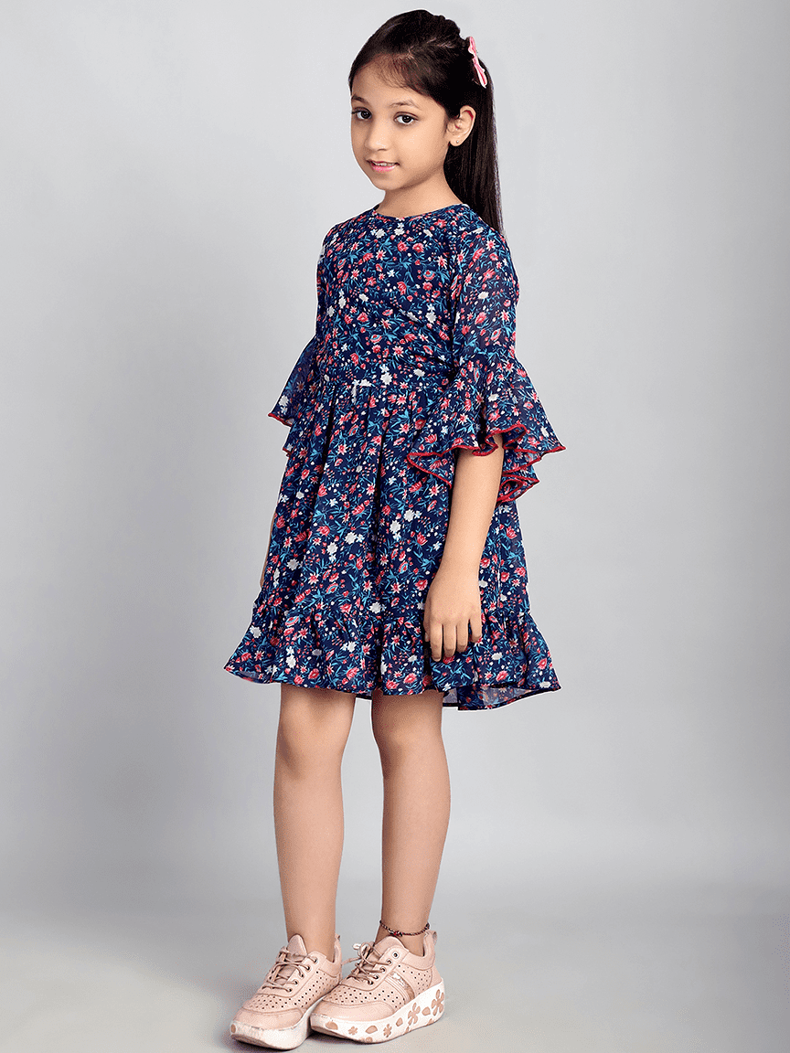 Baawri Girl Royal Blue Printed Color Georgette Knee Length Dress - Image 3