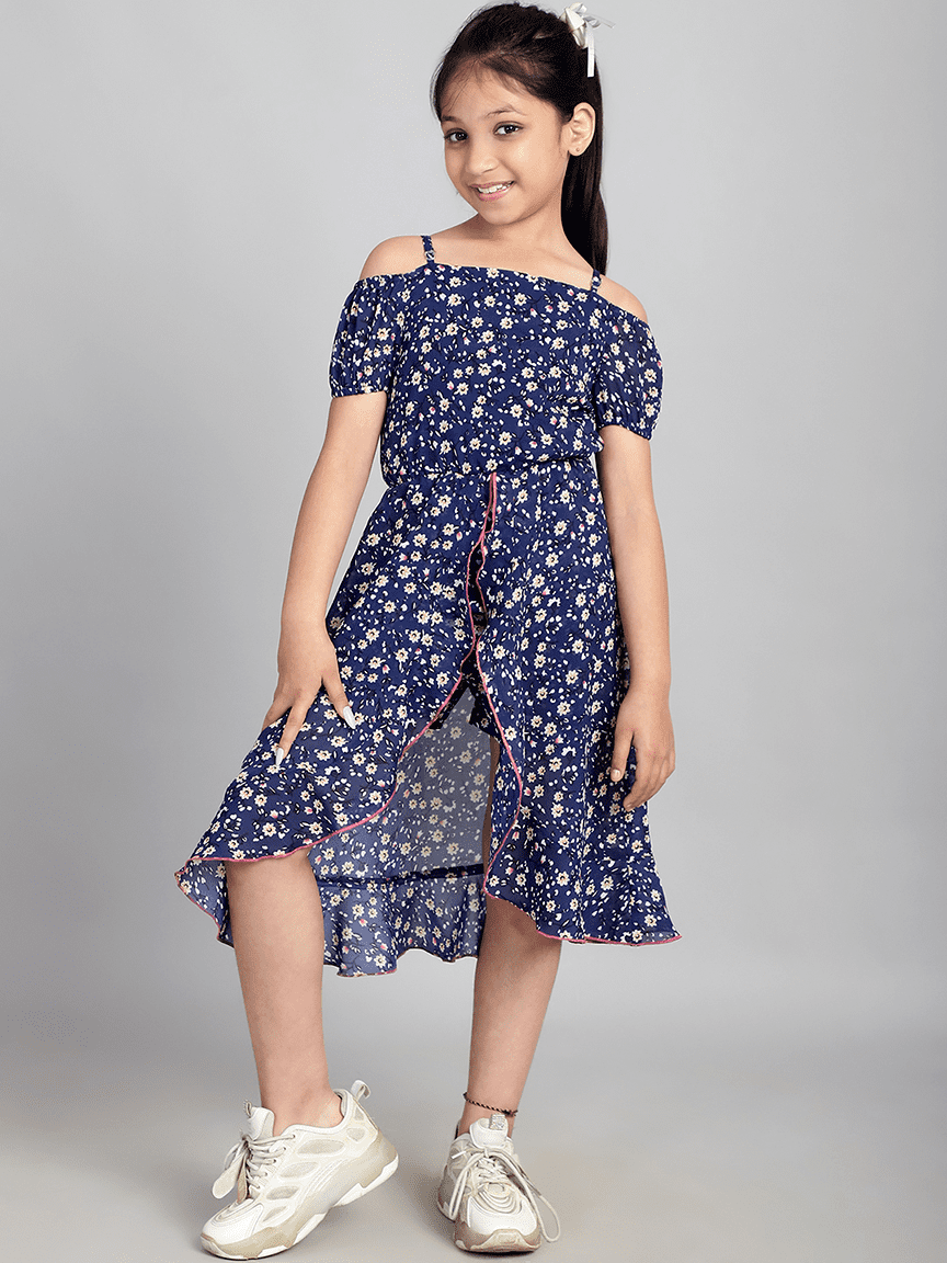 Baawri Girl Navy Blue Printed Georgette Knee Length Jumpsuite - Image 3