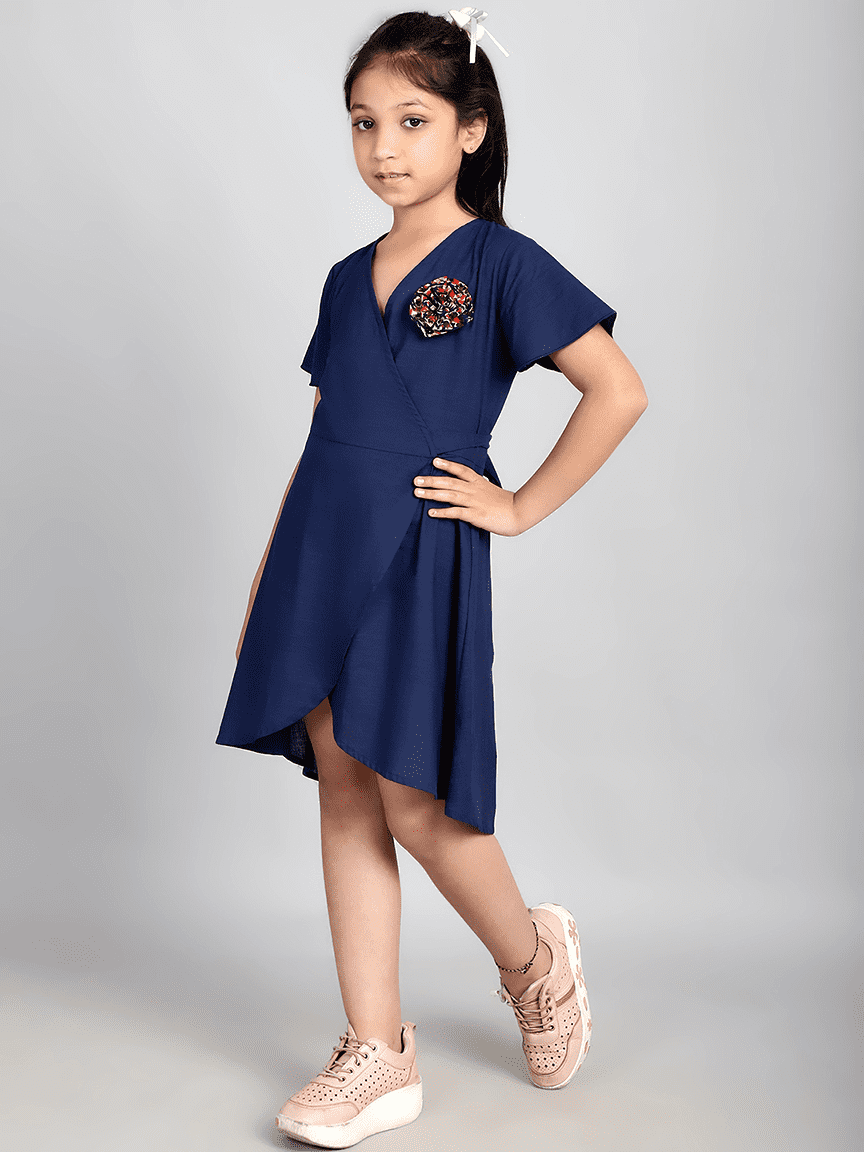 Baawri Girl Crepe Blue Solid Color Knee Length Wrap Dress - Image 3