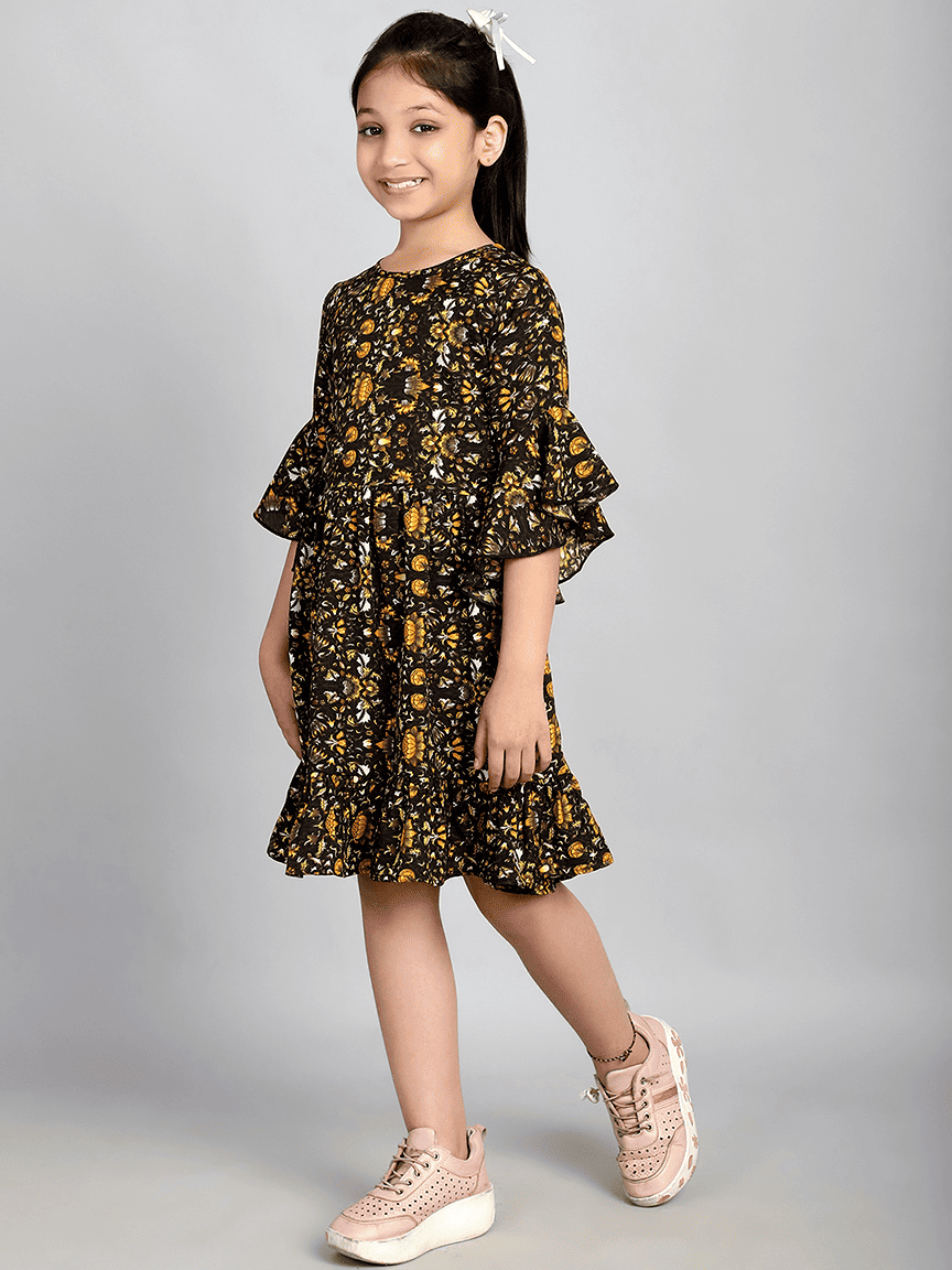 Baawri Girl Mustard Printed Color Crepe Knee Length Dress - Image 3