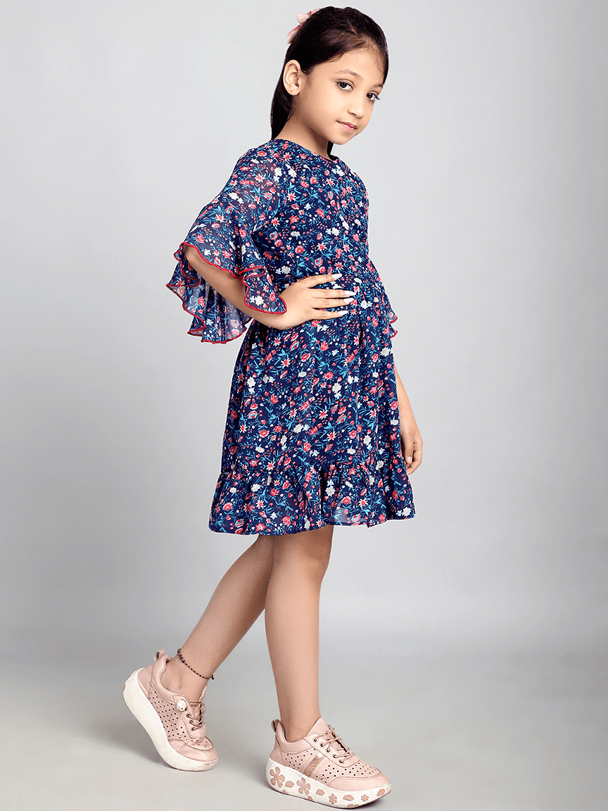 Baawri Girl Royal Blue Printed Color Georgette Knee Length Dress - Image 4