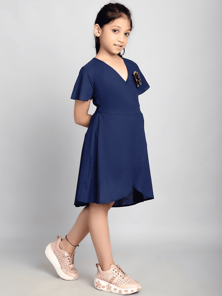 Baawri Girl Crepe Blue Solid Color Knee Length Wrap Dress - Image 4