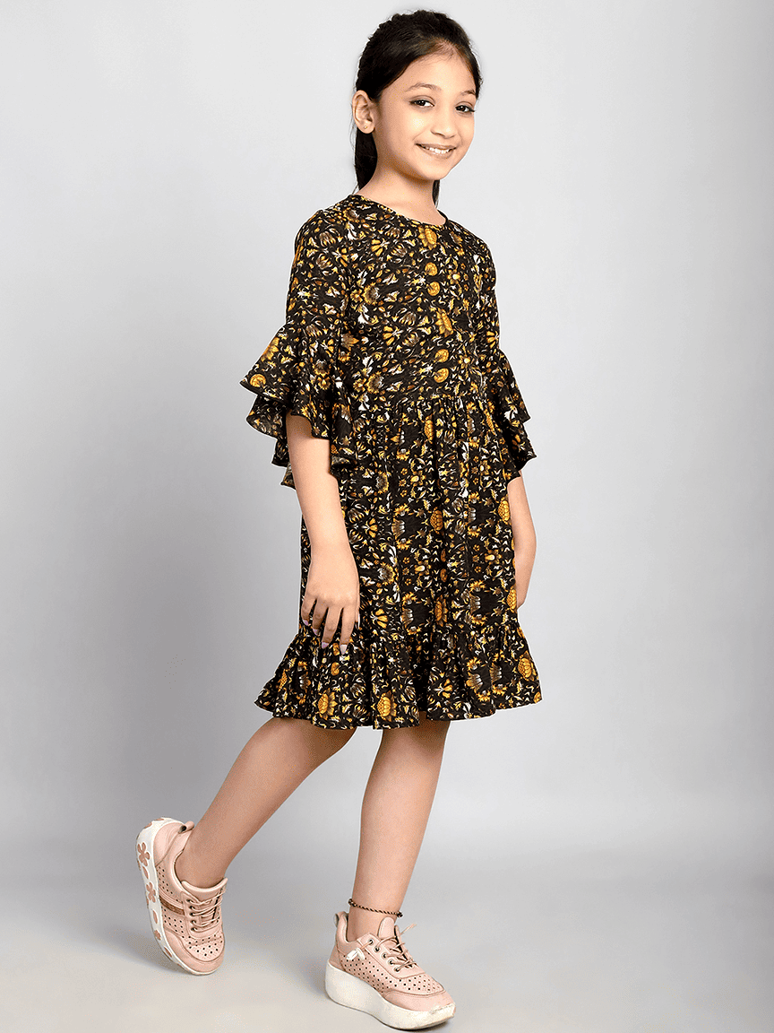 Baawri Girl Mustard Printed Color Crepe Knee Length Dress - Image 4