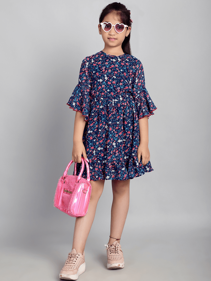 Baawri Girl Royal Blue Printed Color Georgette Knee Length Dress - Image 5