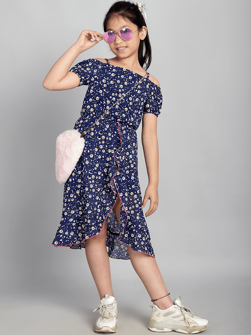 Baawri Girl Navy Blue Printed Georgette Knee Length Jumpsuite - Image 5