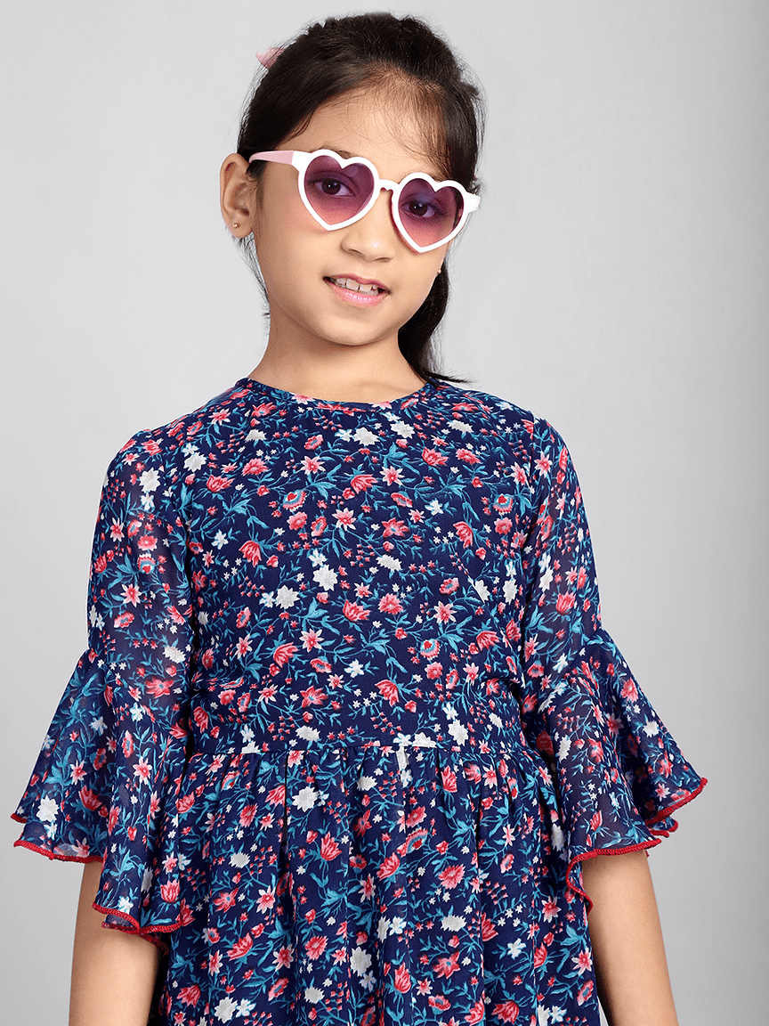 Baawri Girl Royal Blue Printed Color Georgette Knee Length Dress - Image 6