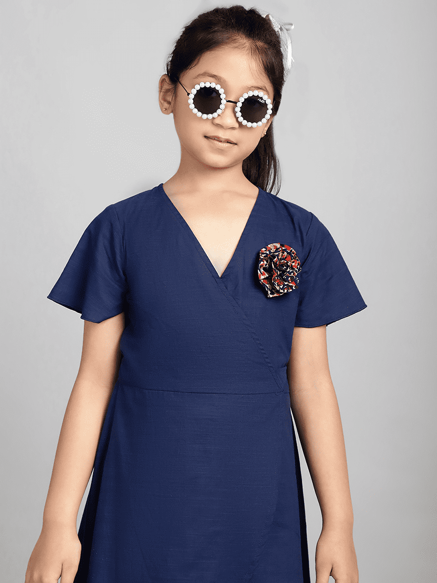 Baawri Girl Crepe Blue Solid Color Knee Length Wrap Dress - Image 6