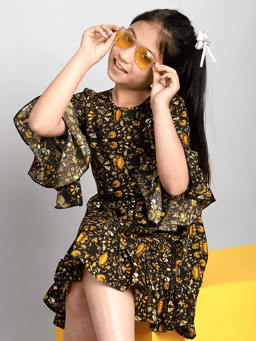 Baawri Girl Mustard Printed Color Crepe Knee Length Dress - Image 6