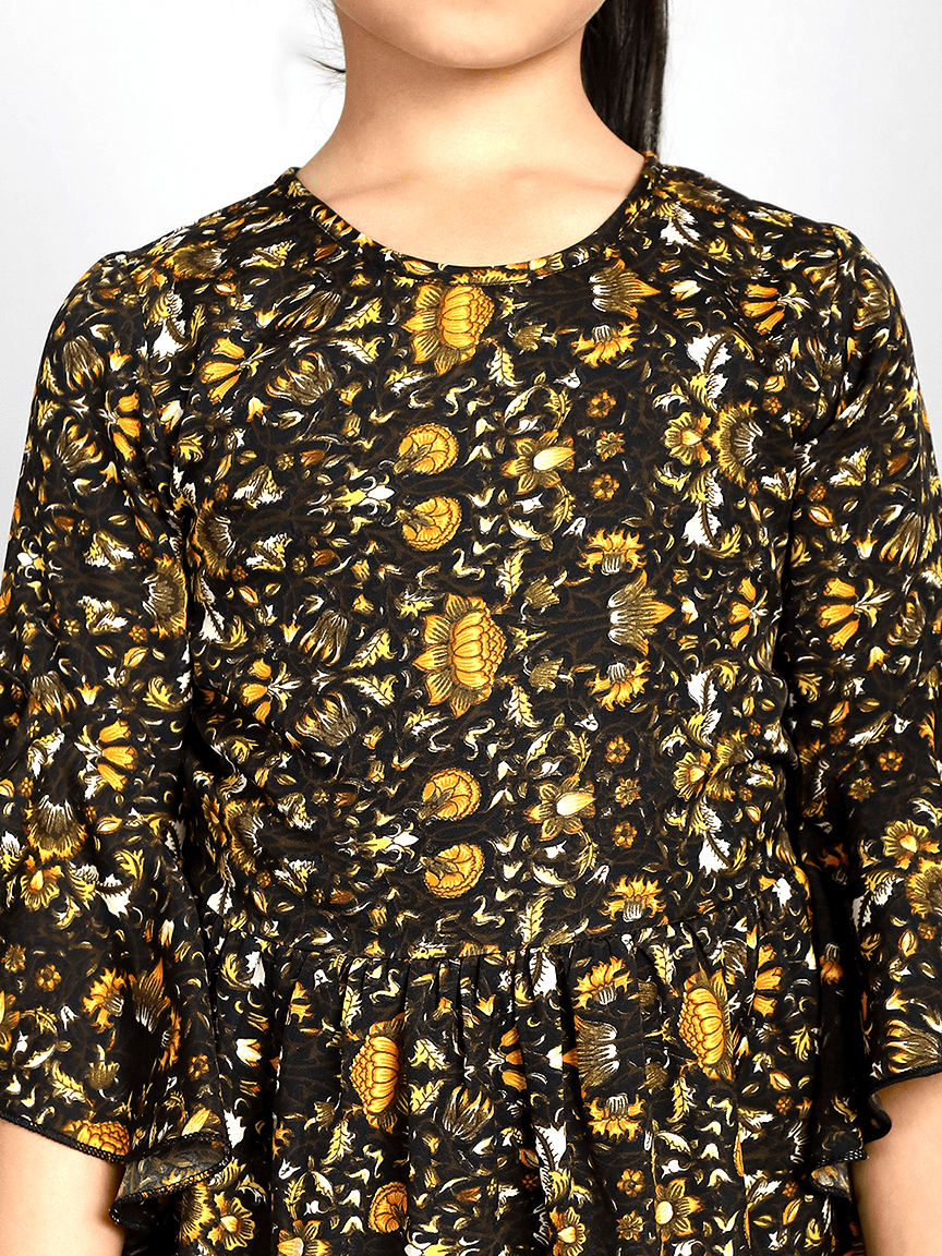 Baawri Girl Mustard Printed Color Crepe Knee Length Dress - Image 7