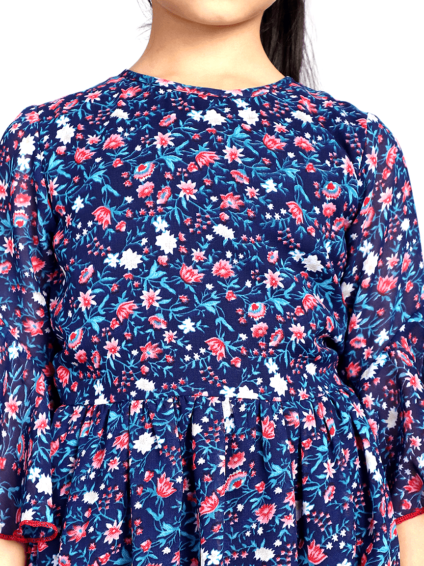 Baawri Girl Royal Blue Printed Color Georgette Knee Length Dress - Image 7
