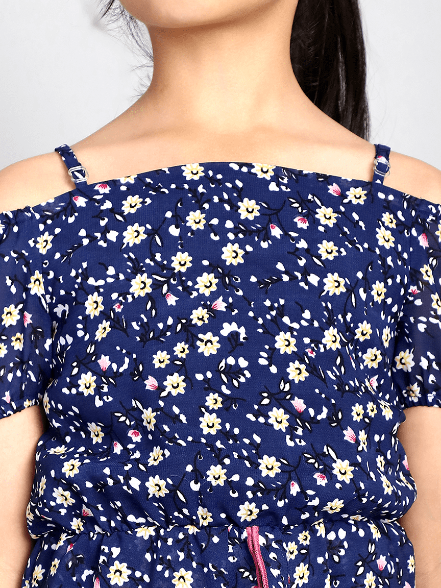 Baawri Girl Navy Blue Printed Georgette Knee Length Jumpsuite - Image 7