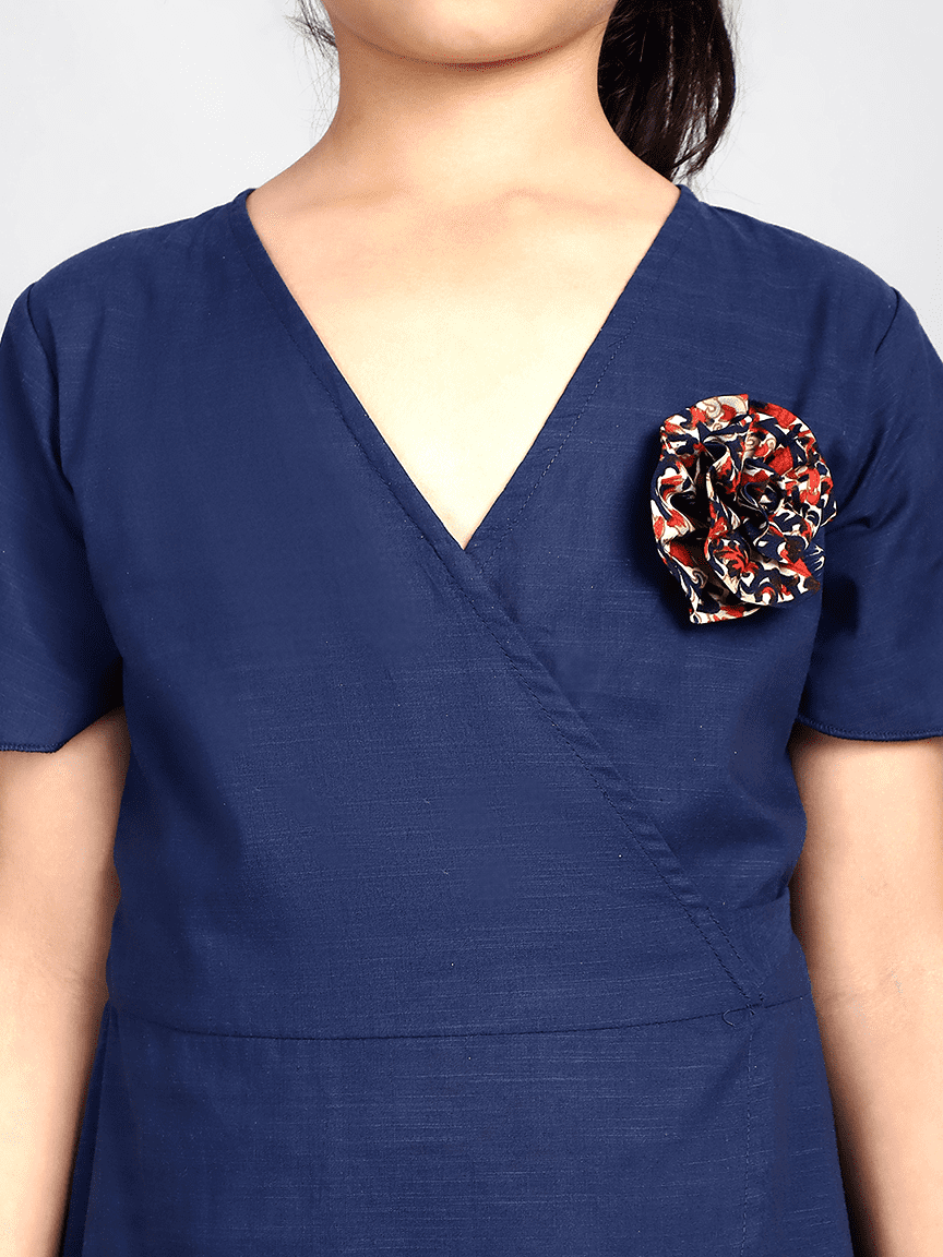 Baawri Girl Crepe Blue Solid Color Knee Length Wrap Dress - Image 7