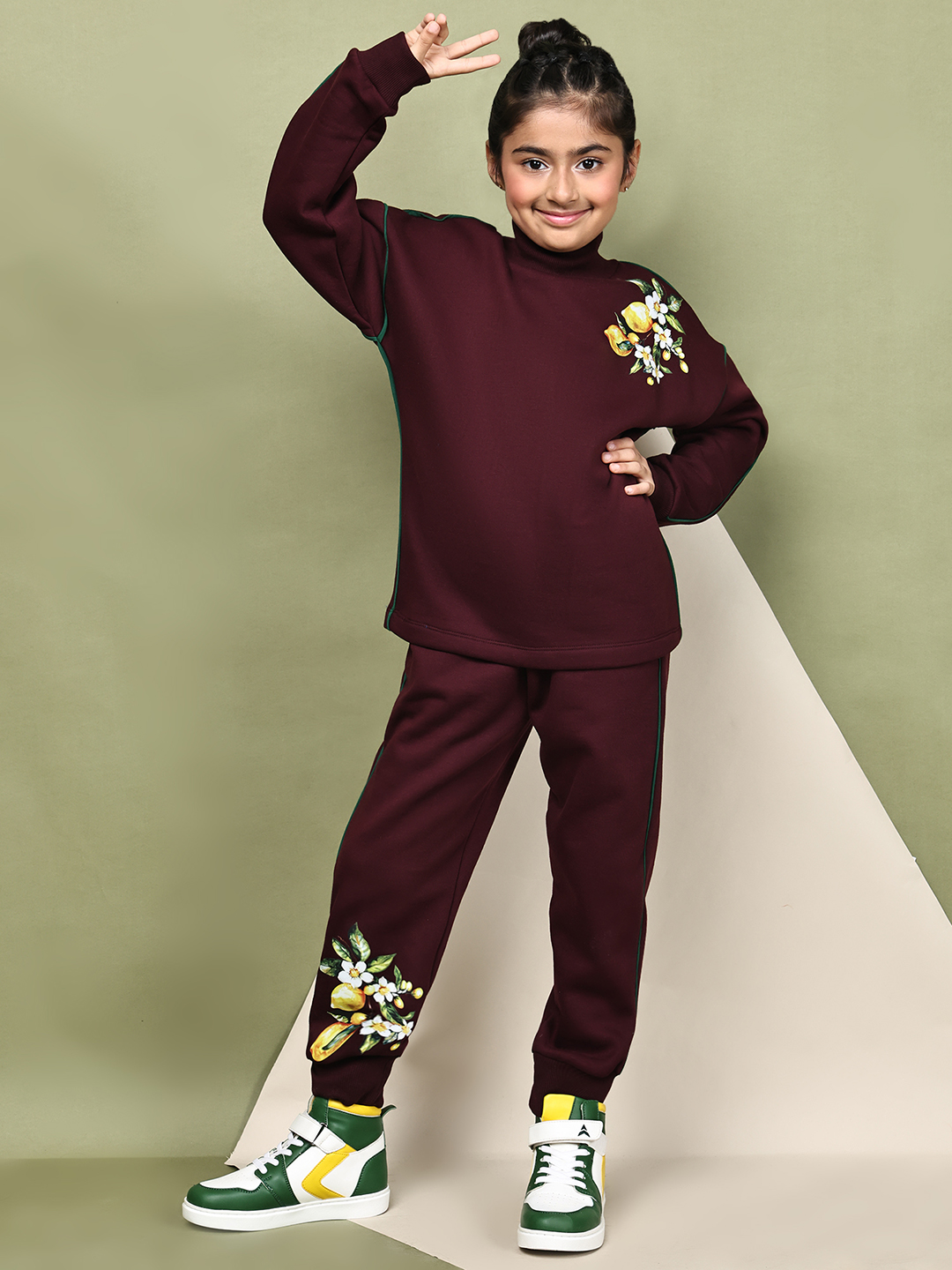 BaawRi Girls Wine Fleece Co-Ord Set with Lemon Print | Sweatshirt & Jogger Pants Winter Tracksuit