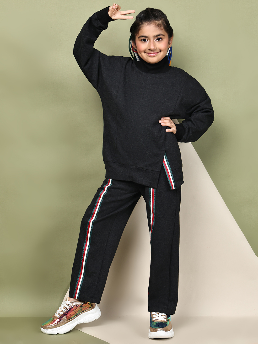 BaawRi Girls’ Black Fleece Co-Ord Set | Long Top with Side Front Split & Tape Detailing | Pocketed Pants with Tapes | Winter Casual Tracksuit Outfit