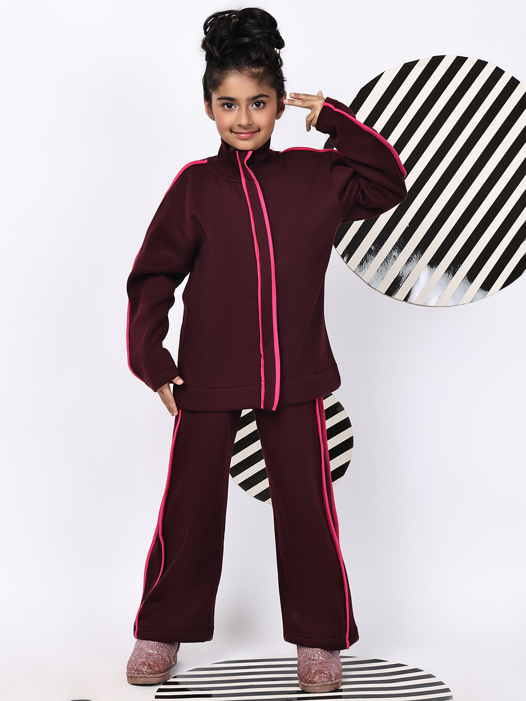 BaawRi Girls Fleece Tracksuit Set – Wine Jacket & Pants with Pink Piping | Soft Winter Warm Sweatshirt & Joggers Co-ord Set