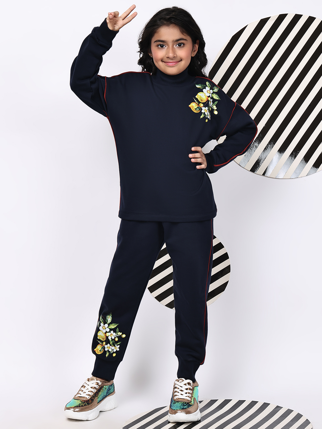 BaawRi Girls Navy Fleece Co-Ord Set with Lemon Print | Sweatshirt & Jogger Pants Winter Tracksuit