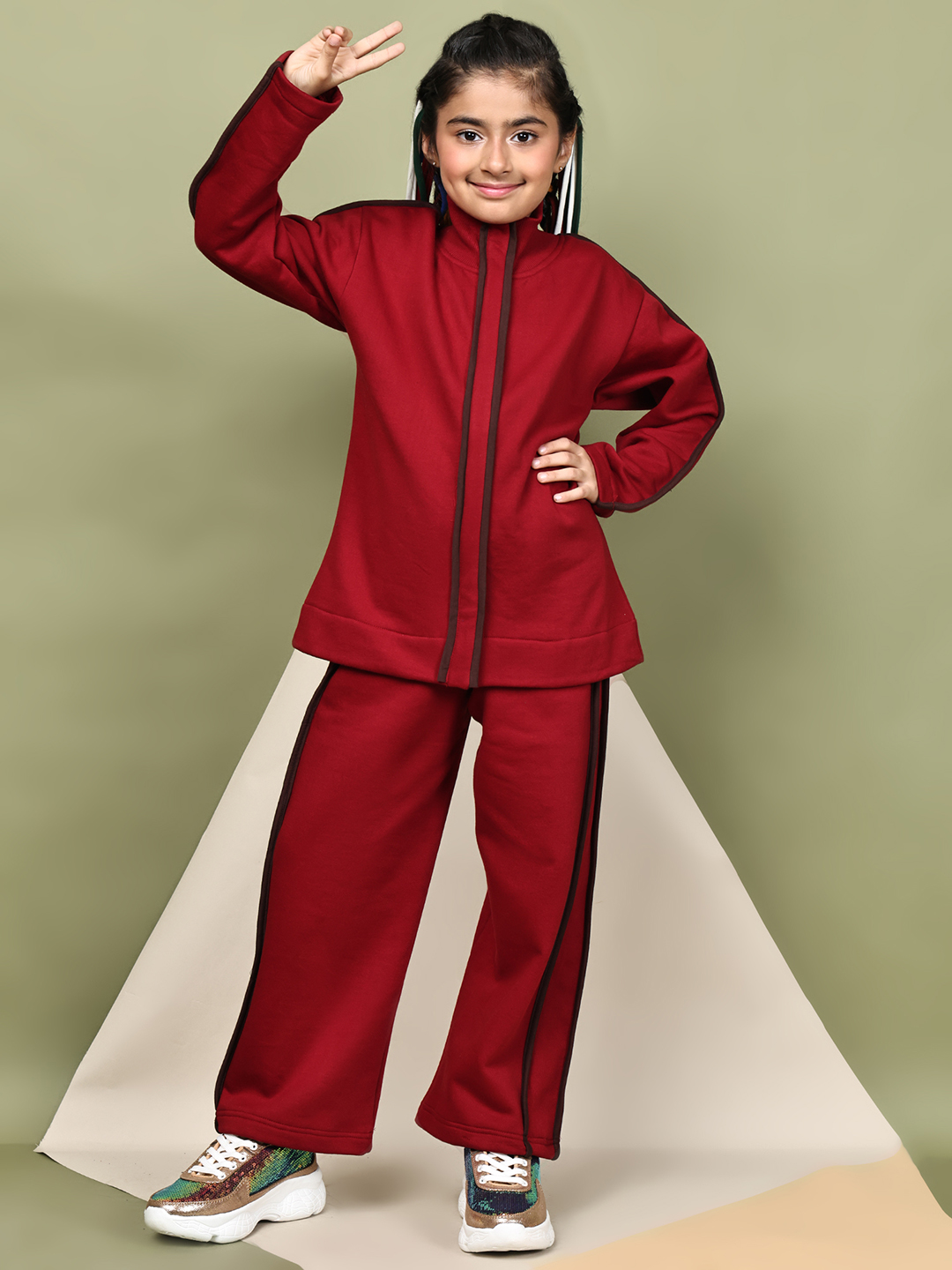 BaawRi Girls Fleece Tracksuit Set – Red Jacket & Pants with Wine Piping | Soft Winter Warm Sweatshirt & Joggers Co-ord Set