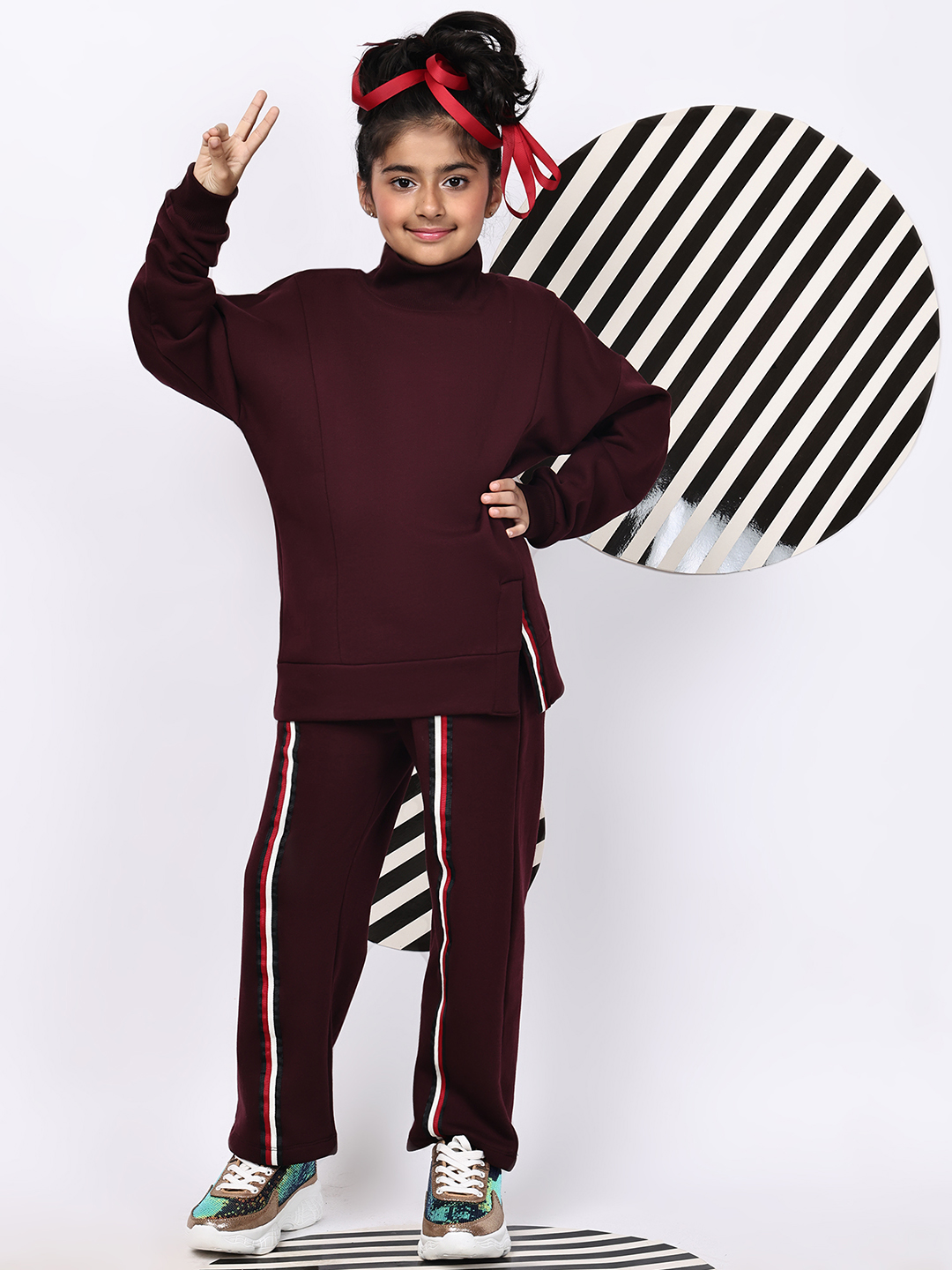 BaawRi Girls’ Wine Fleece Co-Ord Set | Long Top with Side Front Split & Tape Detailing | Pocketed Pants with Tapes | Winter Casual Tracksuit Outfit