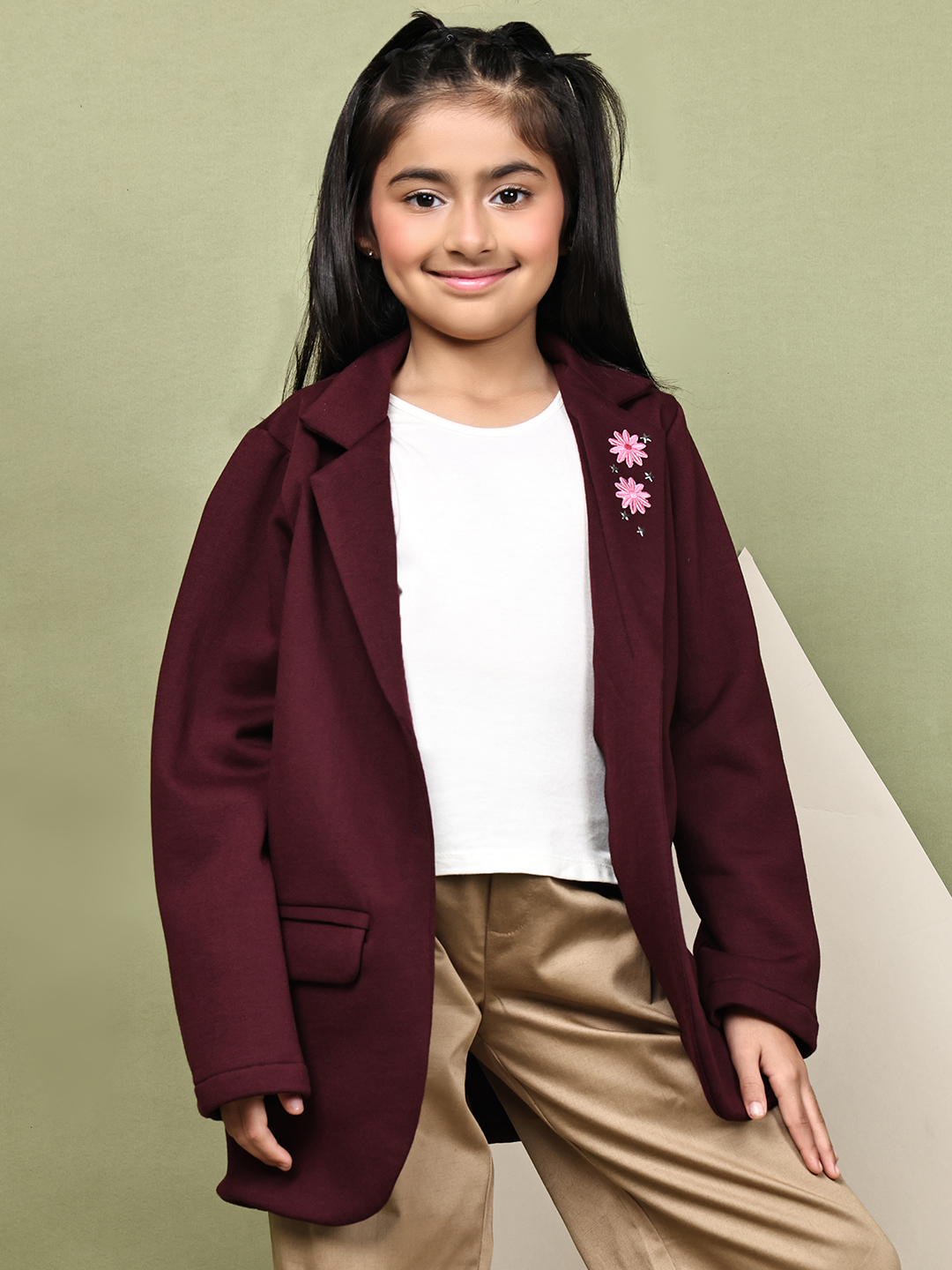 Girls Wine Fleece Coat – Soft Winter Jacket with Floral & Star Detailing on Lapel | Warm Stylish Coat with Pockets for Kids