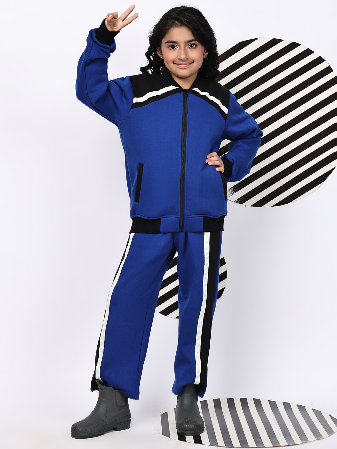 BaawRi Girls Blue Fleece Co-Ord Set with Tape Detailing | Winter Tracksuit with Jacket & Pants