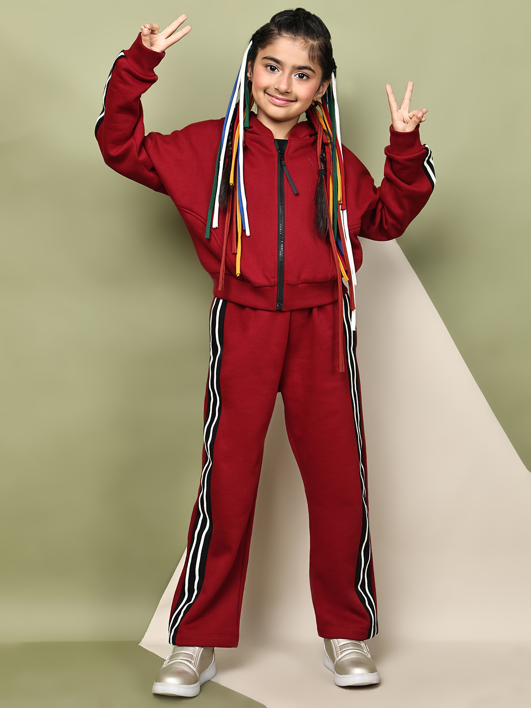 BaawRi Girls’ Red Fleece Jacket Set | Zip-Up Jacket with Sleeve Tape Detailing & Pockets | Matching Pants with Side Stripes | Winter Casual Tracksuit Outfit