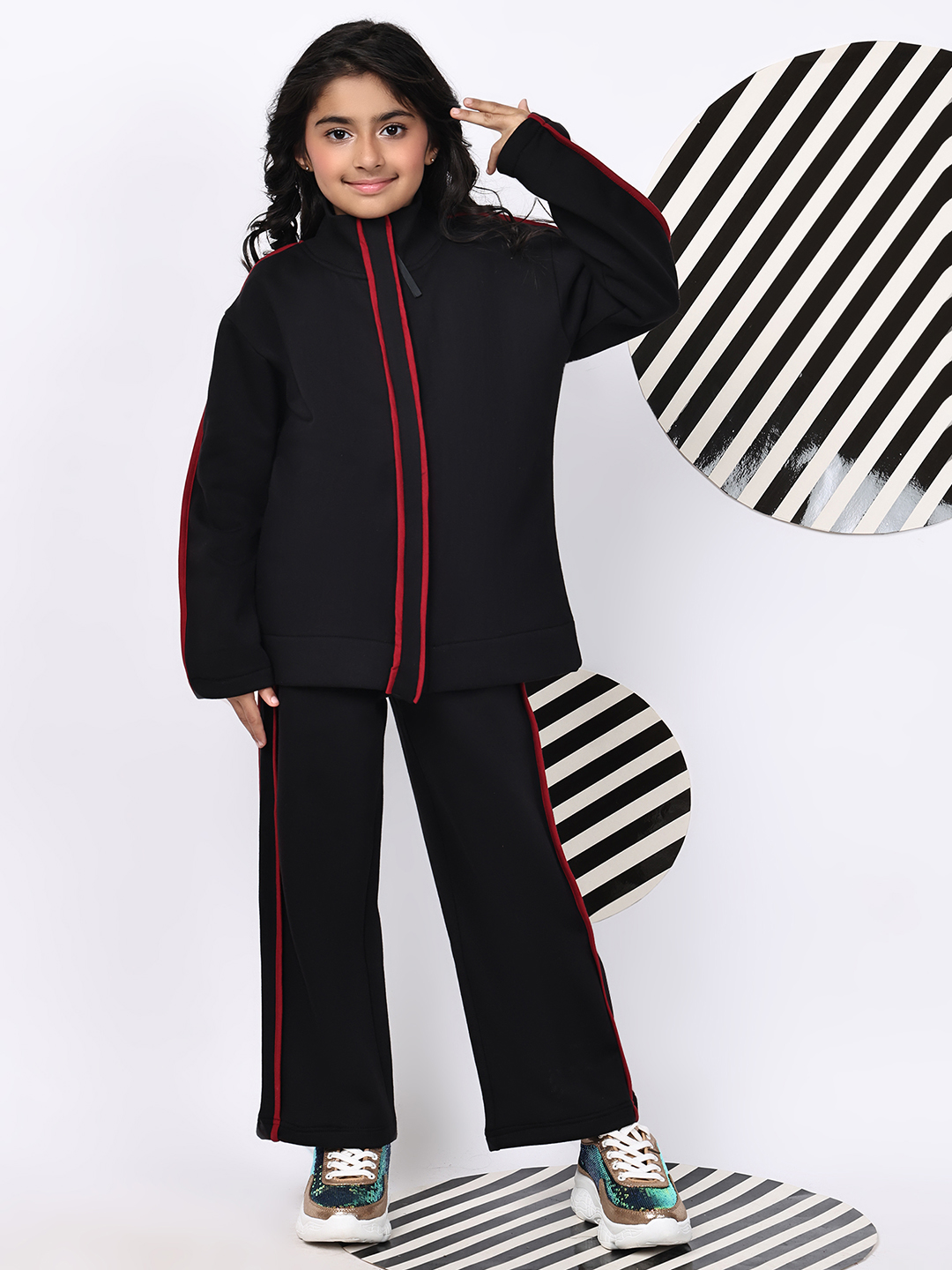 BaawRi Girls Fleece Tracksuit Set – Black Jacket & Pants with Red Piping | Soft Winter Warm Sweatshirt & Joggers Co-ord Set