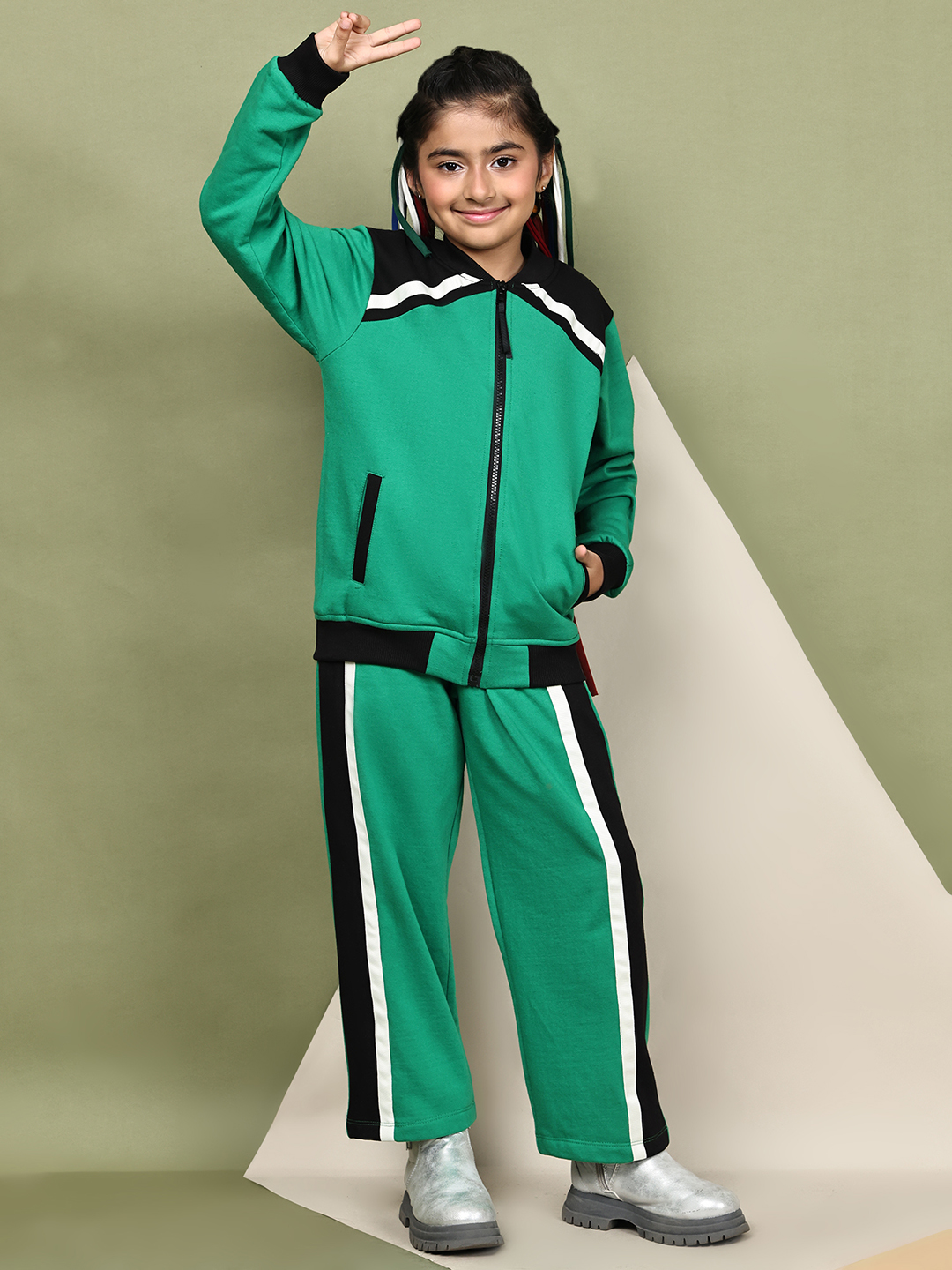 BaawRi Girls Forest Green Fleece Co-Ord Set with Tape Detailing | Winter Tracksuit with Jacket & Pants