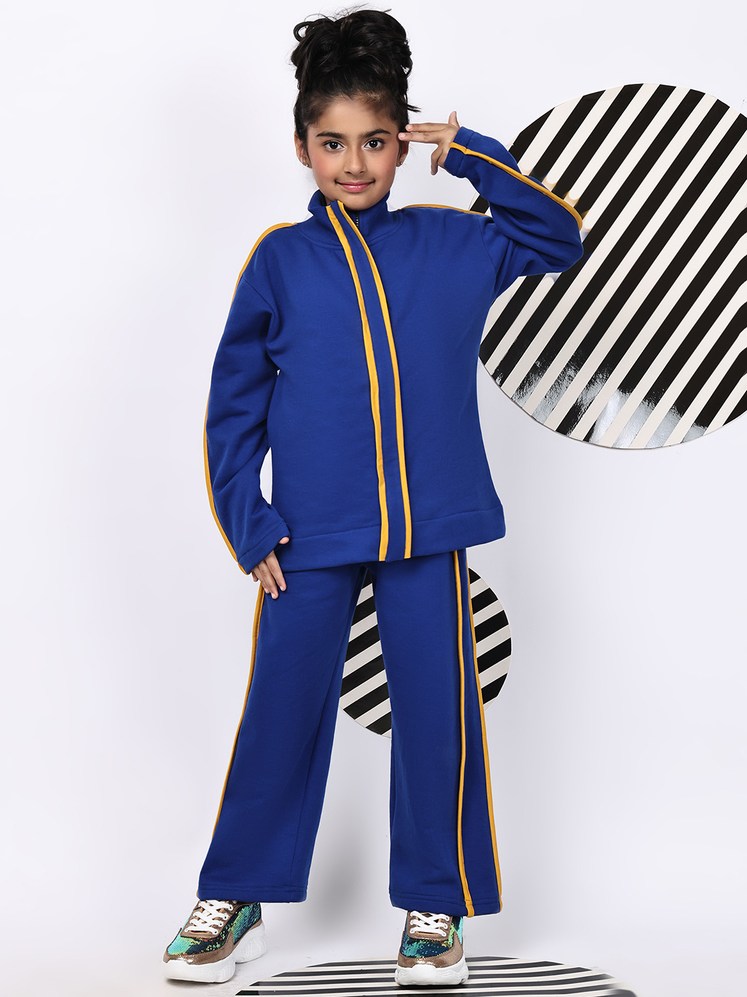 BaawRi Girls Fleece Tracksuit Set – Princess Blue Jacket & Pants with Yellow Piping | Soft Winter Warm Sweatshirt & Joggers Co-ord Set