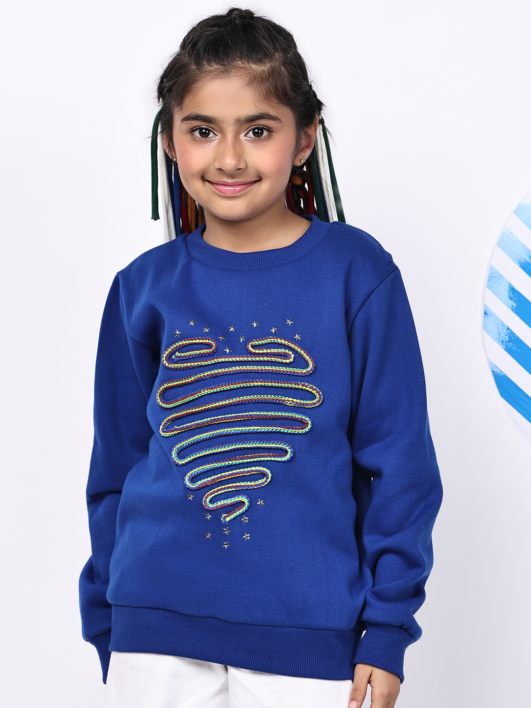 BaawRi Girls Princess Blue Fleece Sweatshirt with Multicolour Heart-Snake Detailing | Soft Warm Winter Pullover for Kids | Cute Cozy Sweatshirt for School, Playdates & Festive Outings