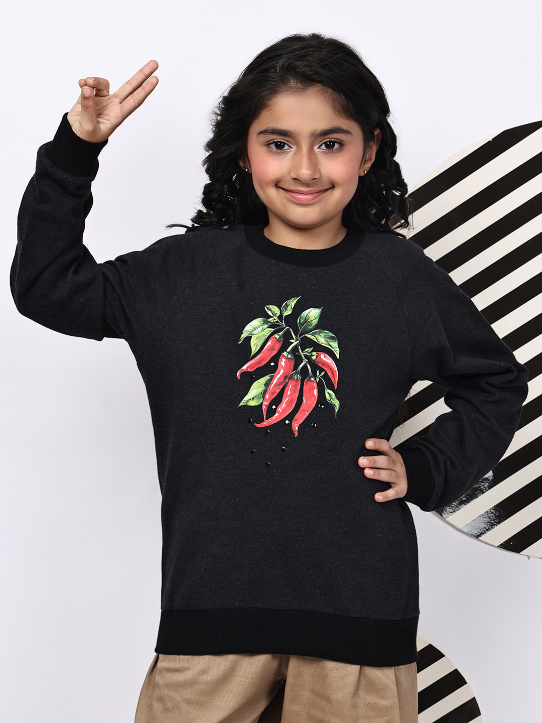 BaawRi Girl Dark Melange Soft Fleece Sweatshirt with Chili Pepper Print | Winter Wear for Girls