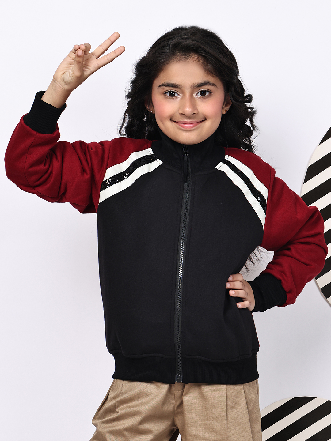 Girls’ Fleece Zipper Jacket | Black & Red Contrast with Tape & Sequin Detailing | Cozy Winter Sweatshirt with Pockets