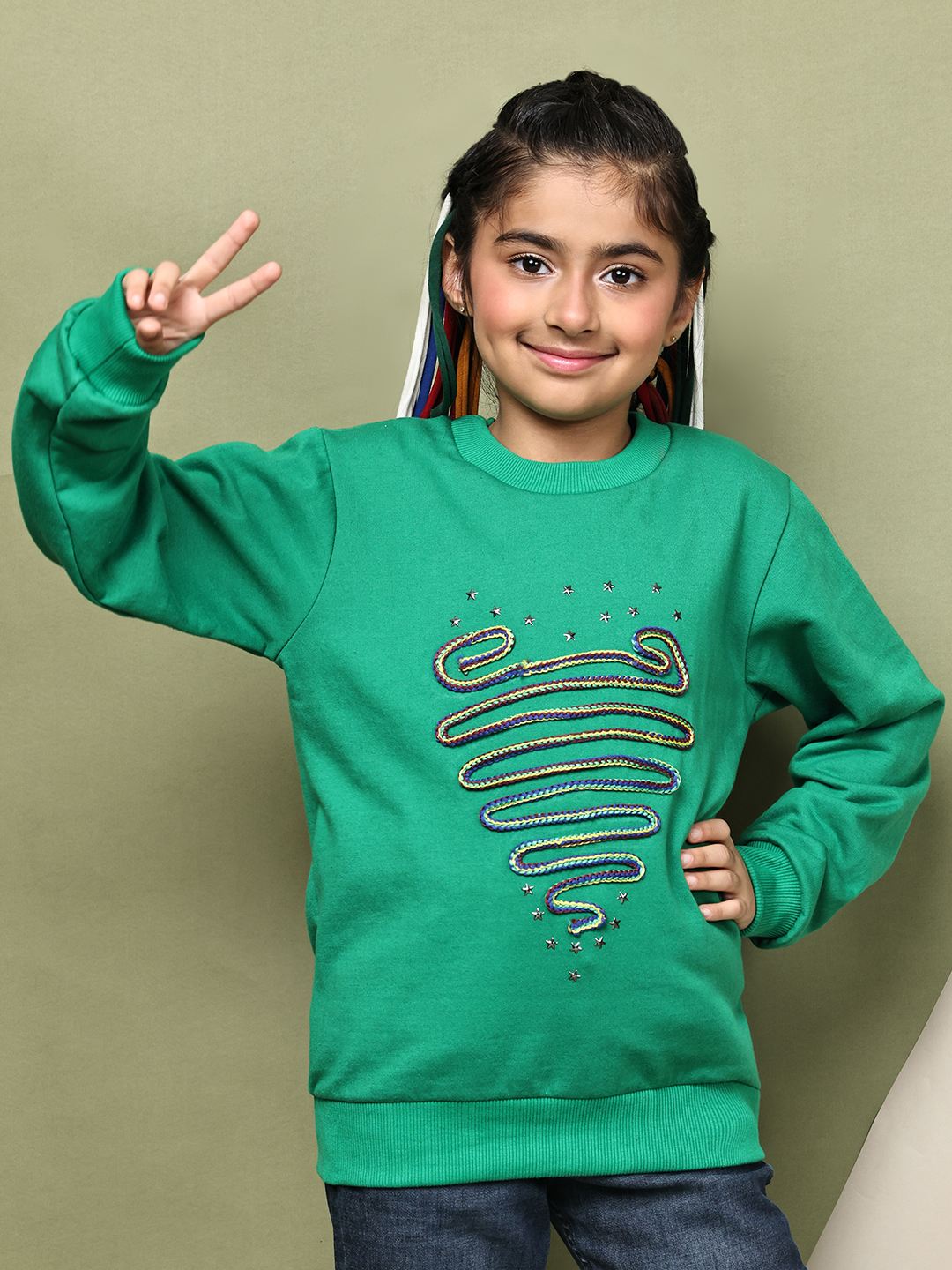 BaawRi Girls Forest Green Fleece Sweatshirt with Multicolour Heart Snake Detailing