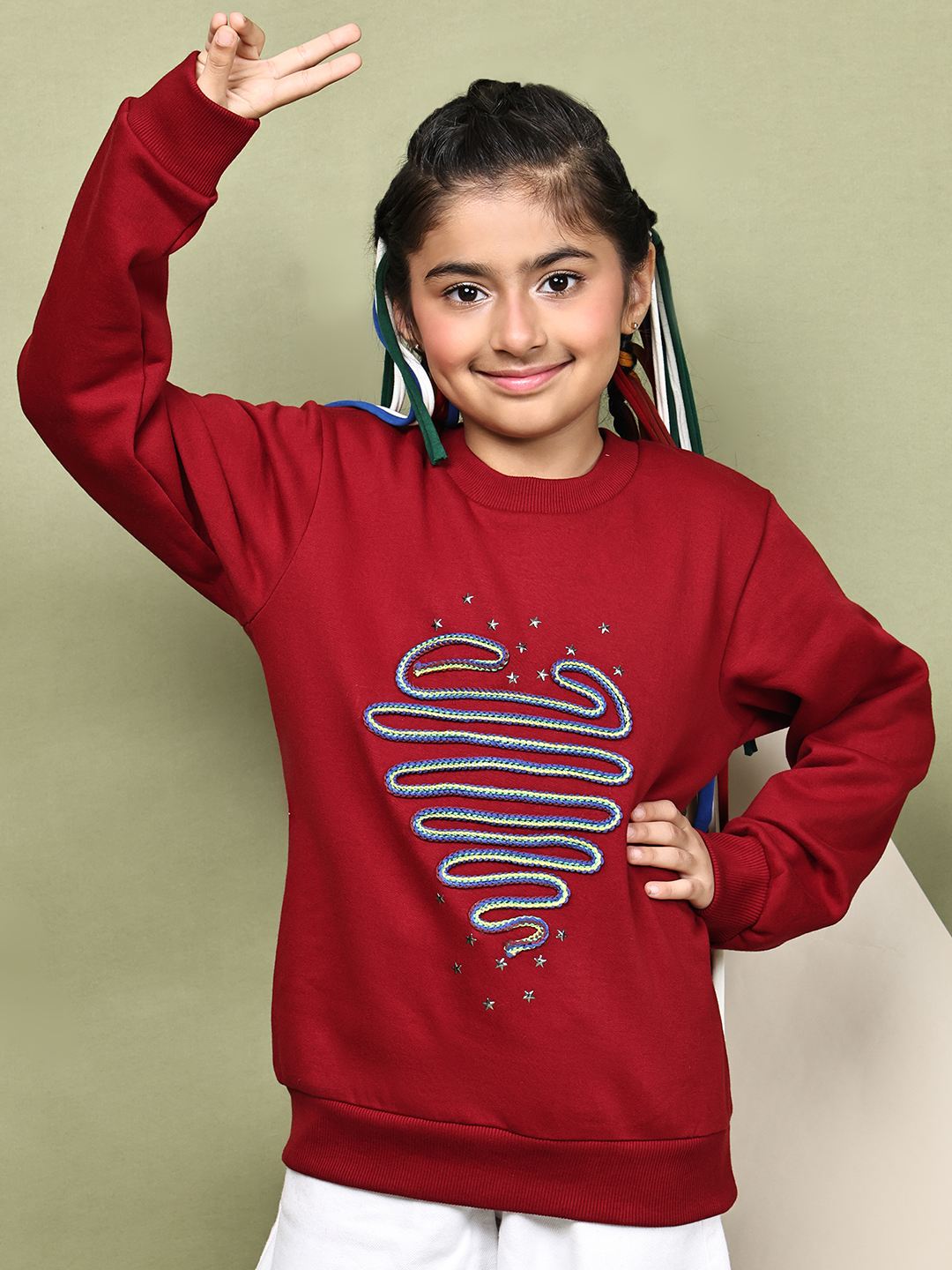 BaawRi Girls Red Fleece Sweatshirt with Multicolour Heart Snake Detailing