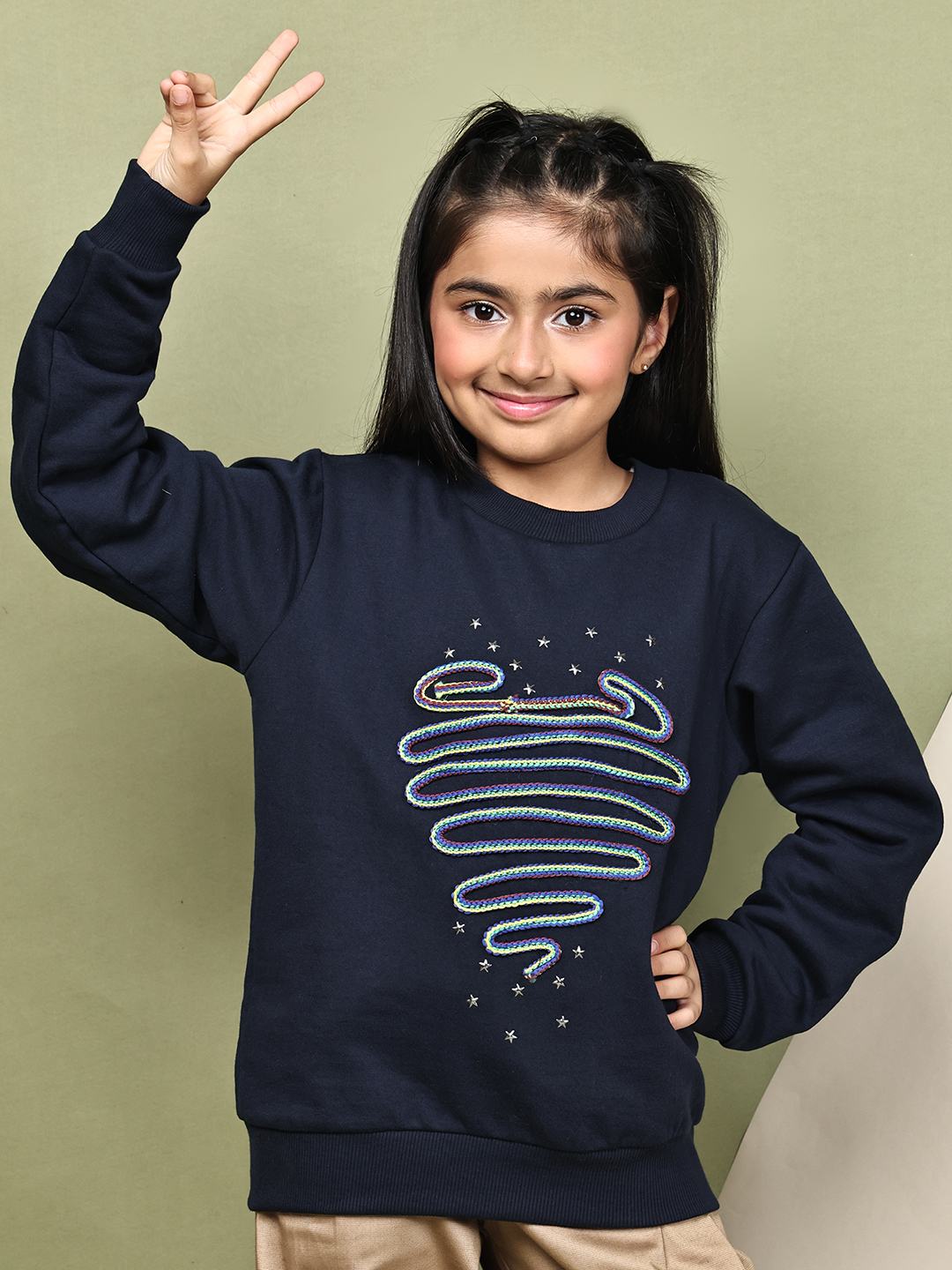 BaawRi Girls Navy Fleece Sweatshirt with Multicolour Heart Snake Detailing