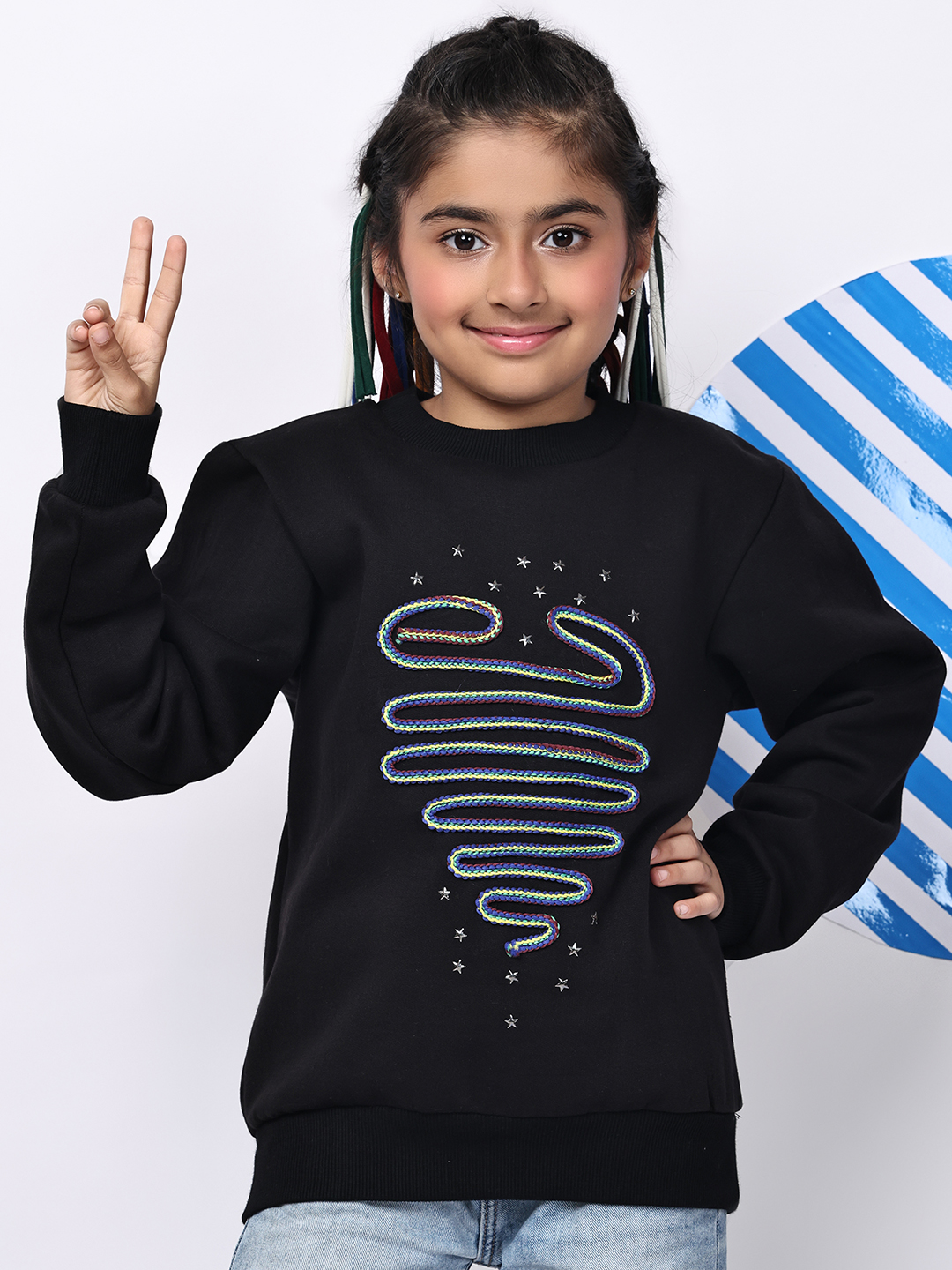 BaawRi Girls Black Fleece Sweatshirt with Multicolour Heart Snake Detailing