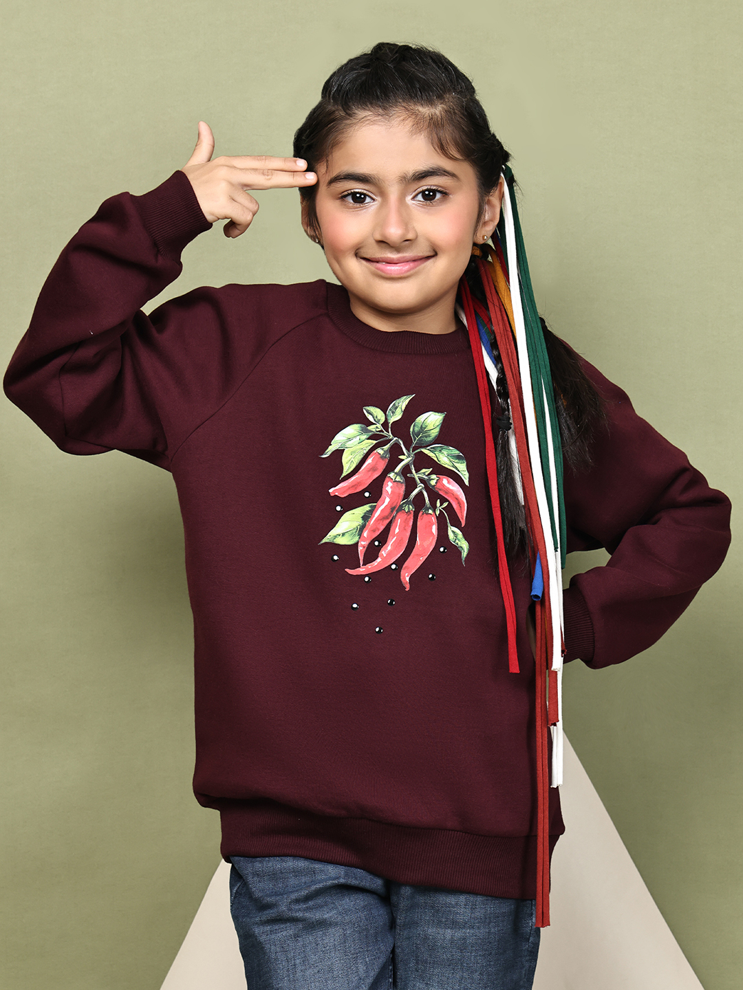 BaawRi Girl Wine Soft Fleece Sweatshirt with Chili Pepper Print | Winter Wear for Girls