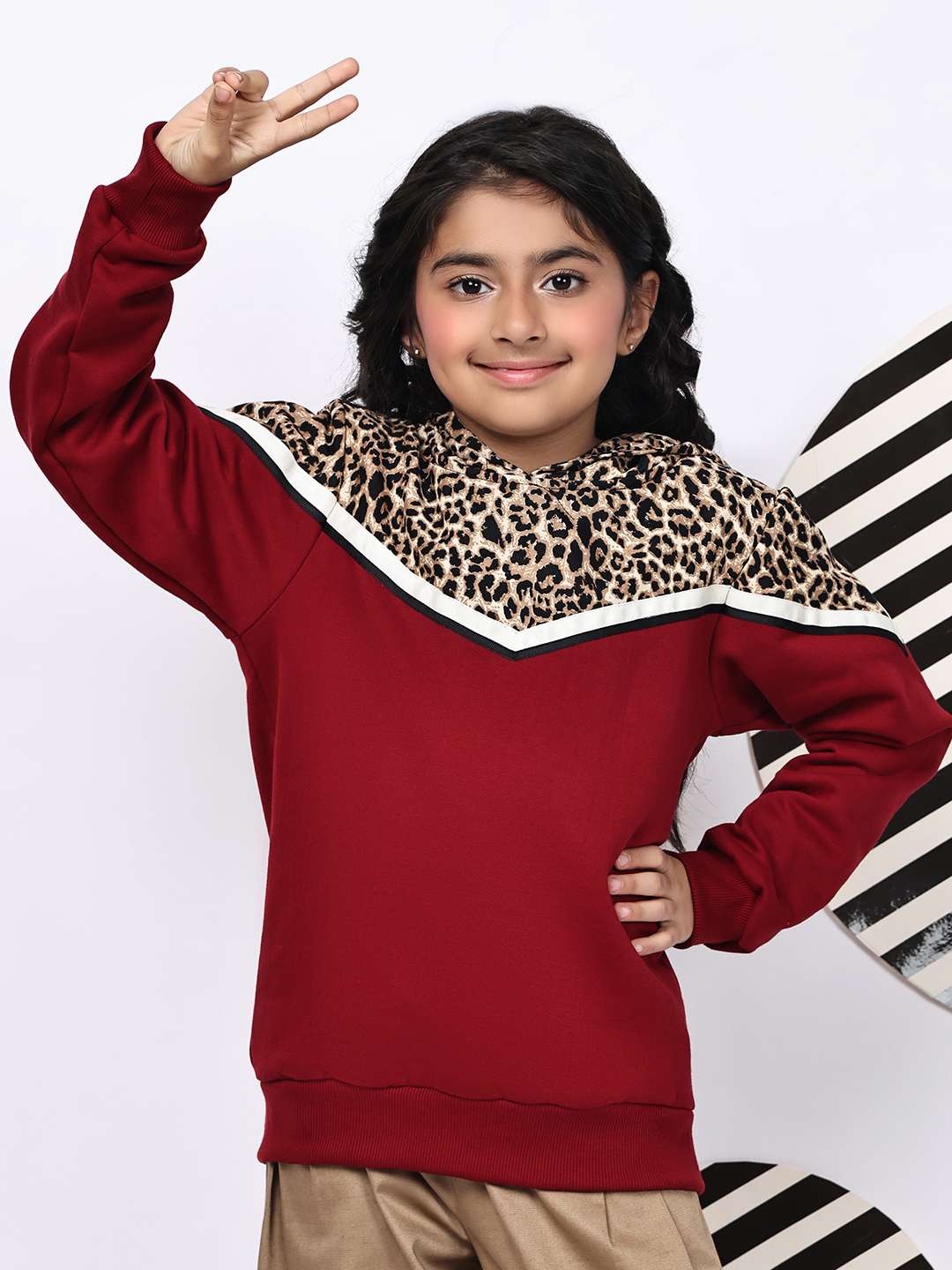 BaawRi Girl Red Fleece Hoodie Sweatshirt with Animal Print & Tape Detailing | Winter Wear for Girls