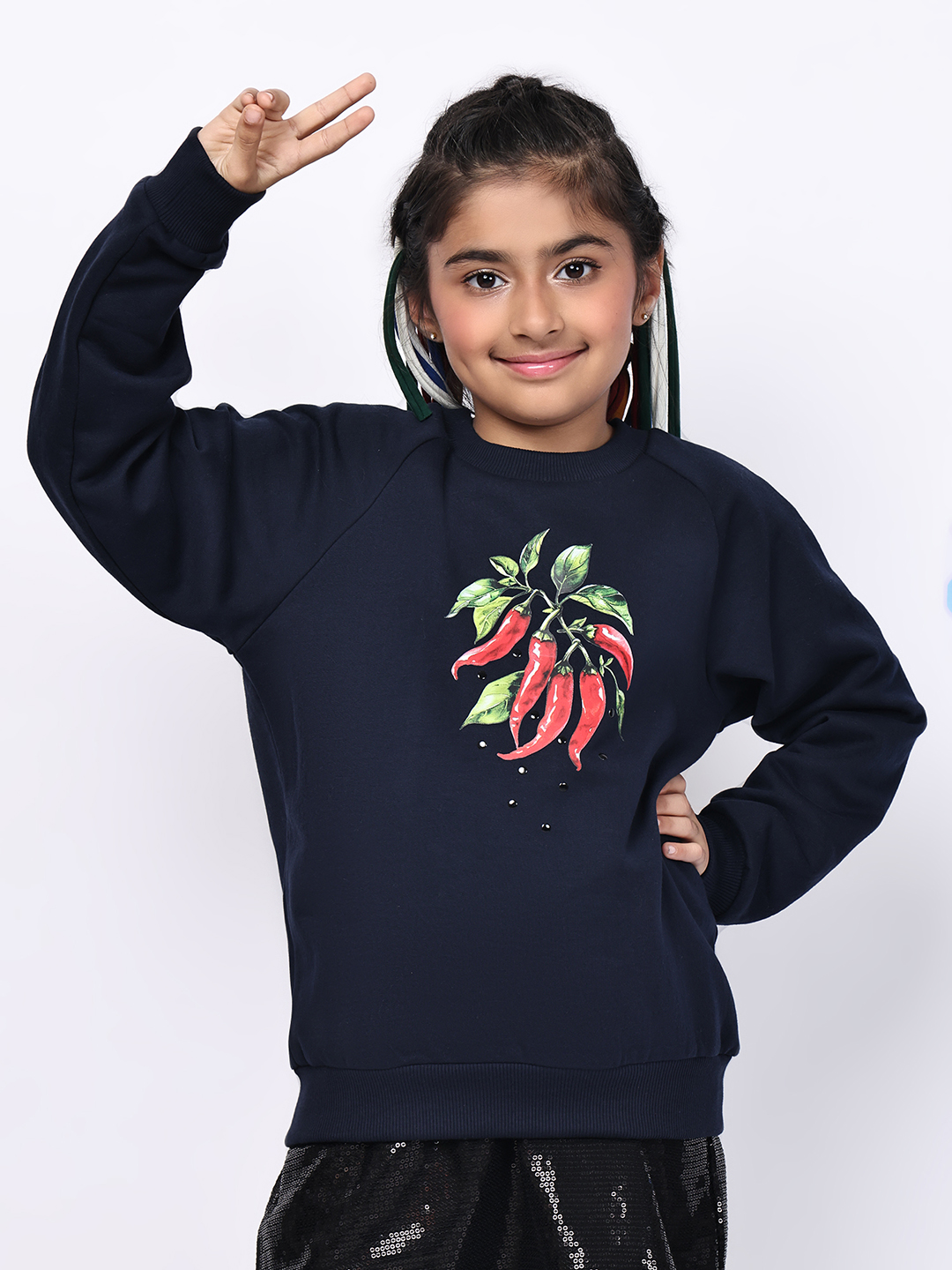 BaawRi Girl NavySoft Fleece Sweatshirt with Chili Pepper Print | Winter Wear for Girls