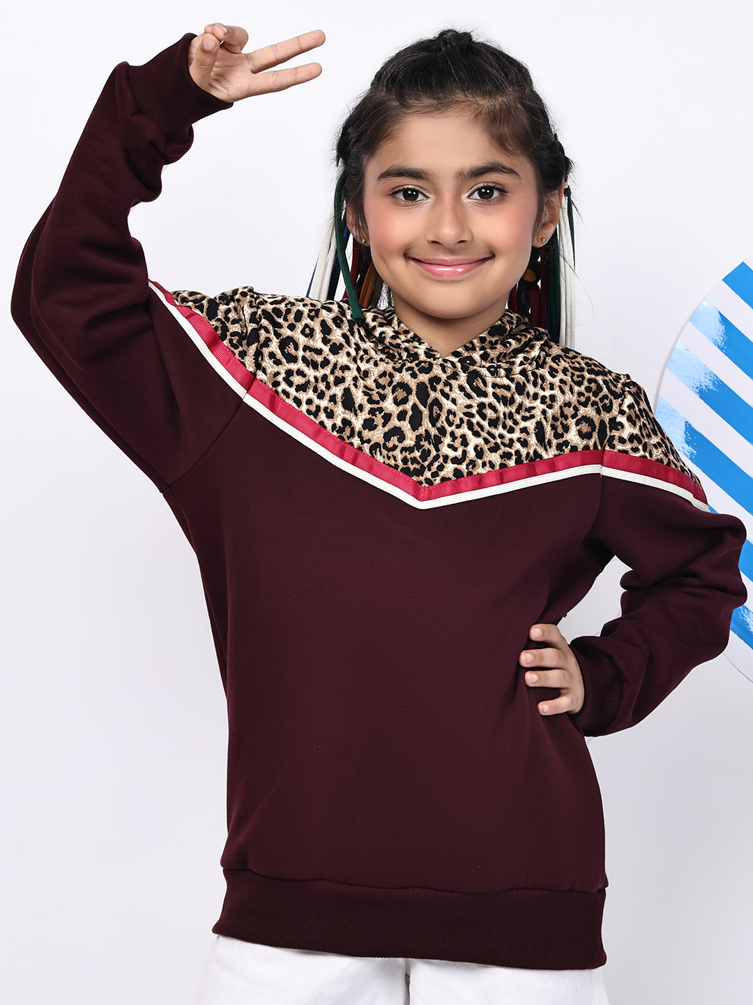 BaawRi Girl Wine Fleece Hoodie Sweatshirt with Animal Print & Tape Detailing | Winter Wear for Girls