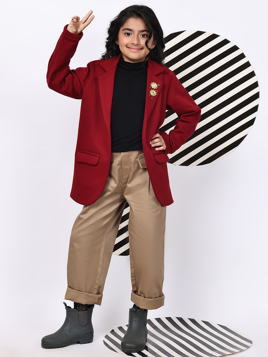 Girls Red Fleece Coat – Soft Winter Jacket with Floral & Star Detailing on Lapel | Warm Stylish Coat with Pockets for Kids