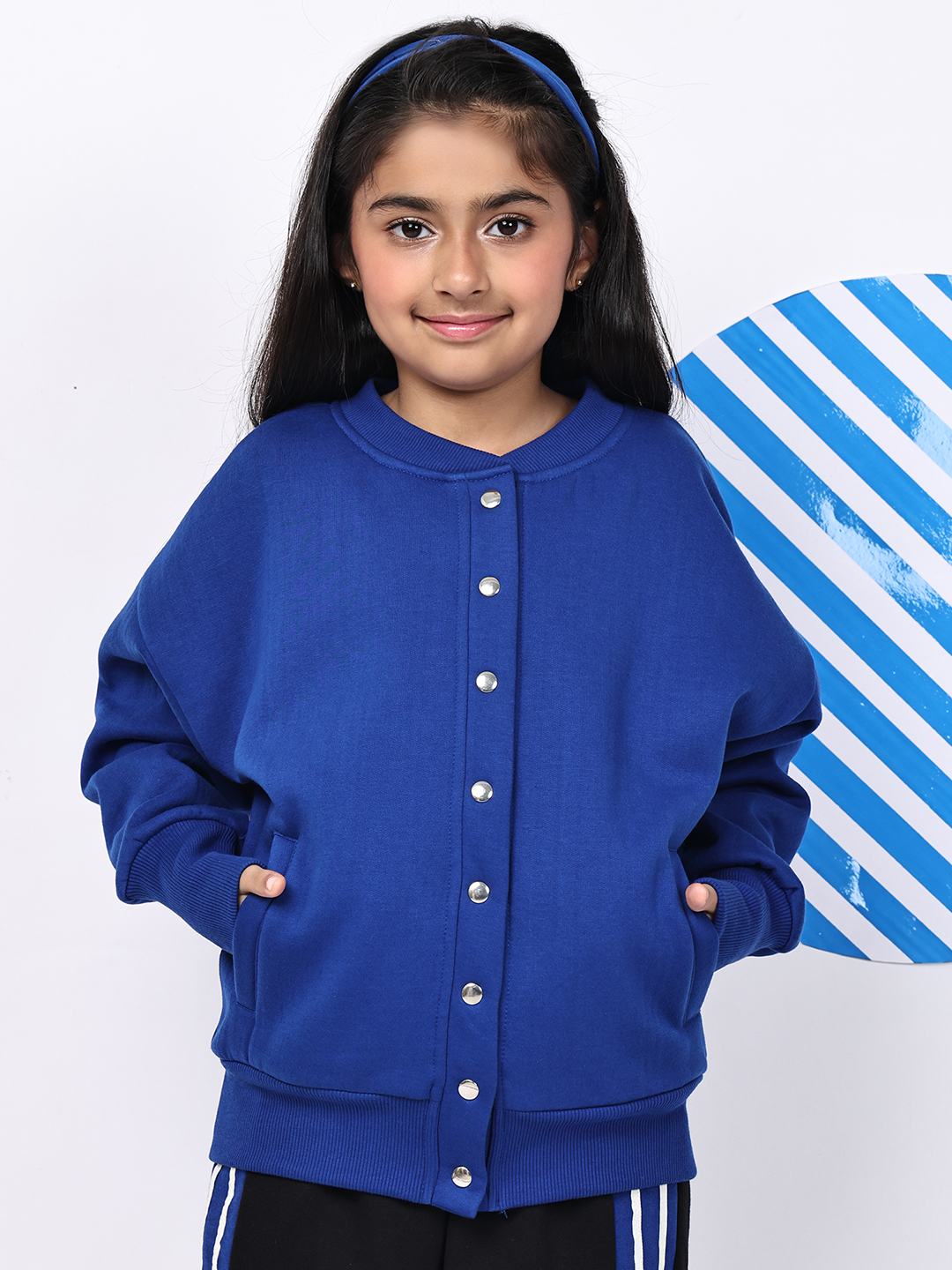 Girl Princess Blue Fleece Jacket with Silver Snap Buttons & Pockets | Winter Wear for Girls