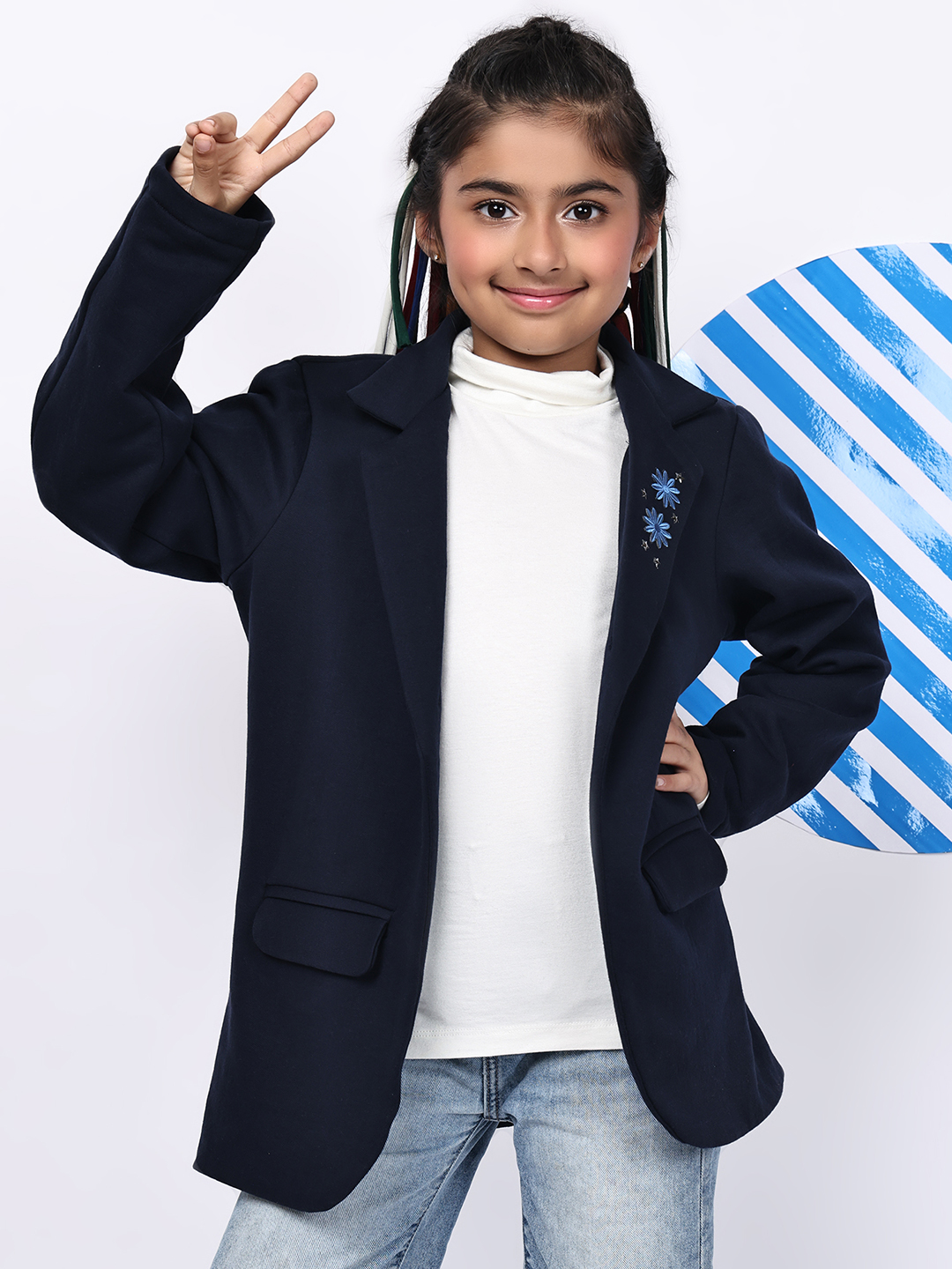 Girls Navy Fleece Coat – Soft Winter Jacket with Floral & Star Detailing on Lapel | Warm Stylish Coat with Pockets for Kids