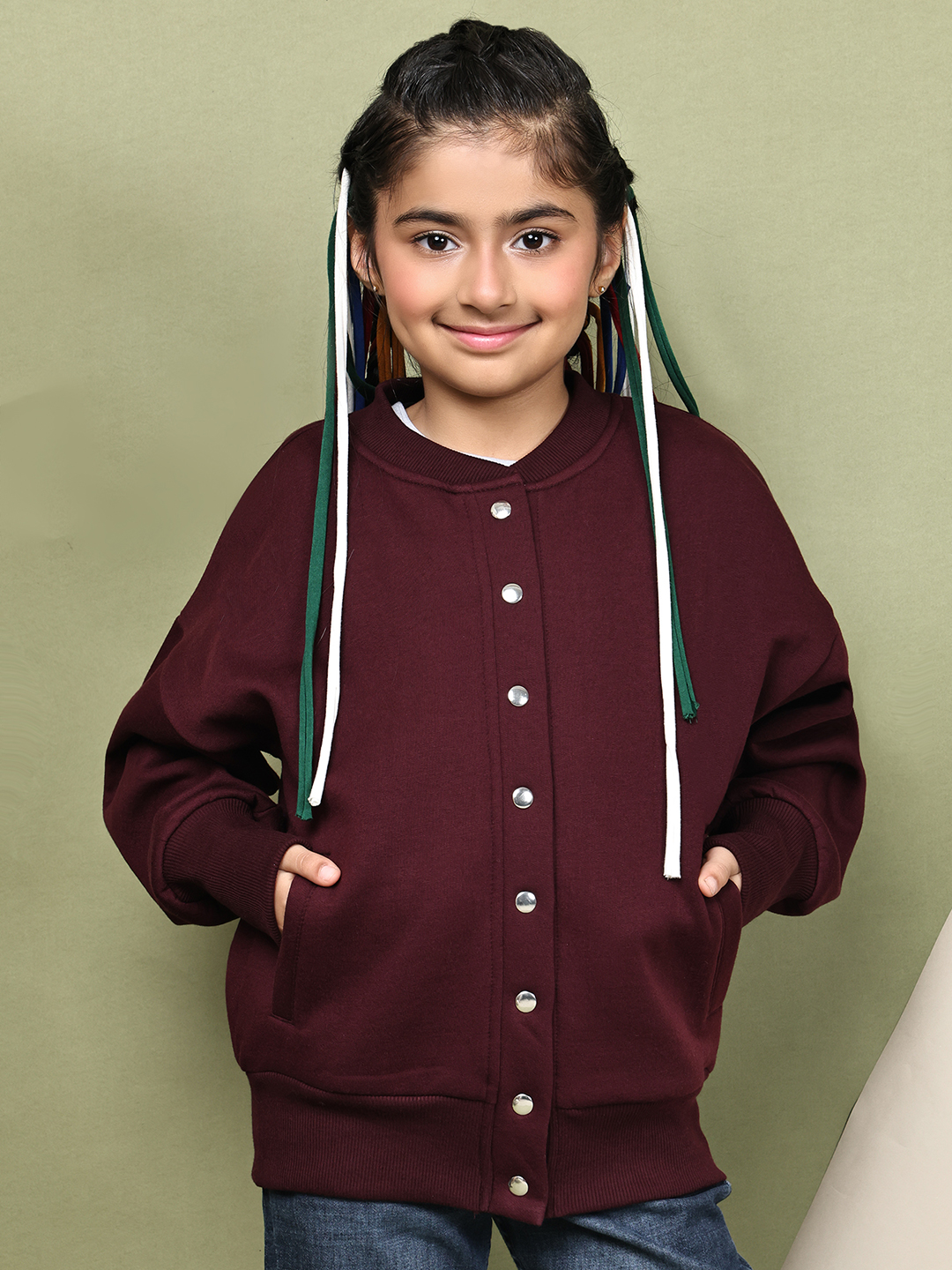 Girl Wine Fleece Jacket with Silver Snap Buttons & Pockets | Winter Wear for Girls