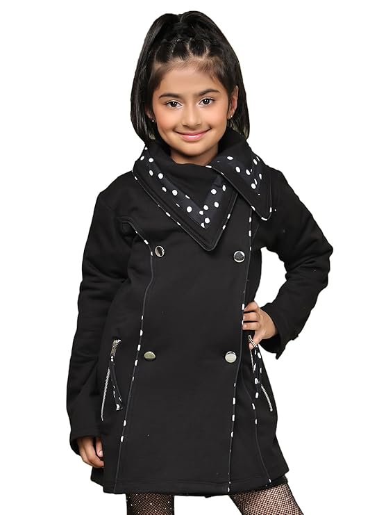 Girls Fleece Overcoat – Black Winter Coat with Piping, Silver Buttons & Zipper Details | Warm Stylish Long Jacket for Kids