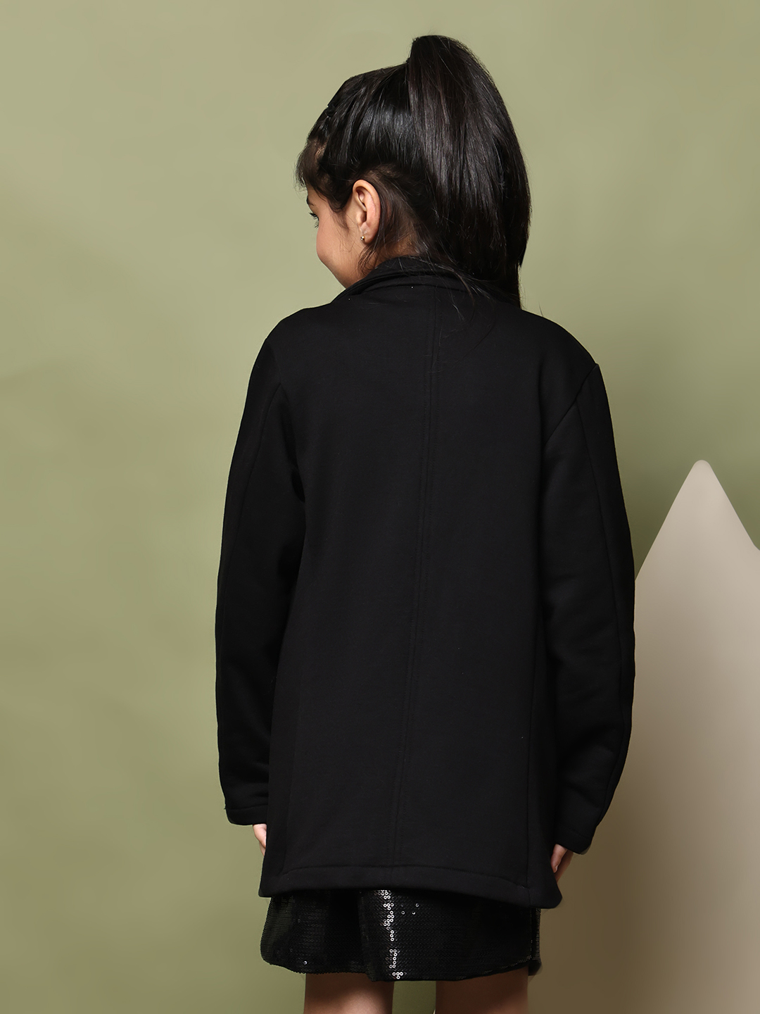 Alternative view of Girls Black Fleece Coat – Soft Winter Jacket with Floral & Star Detailing on Lapel | Warm Stylish Coat with Pockets for Kids